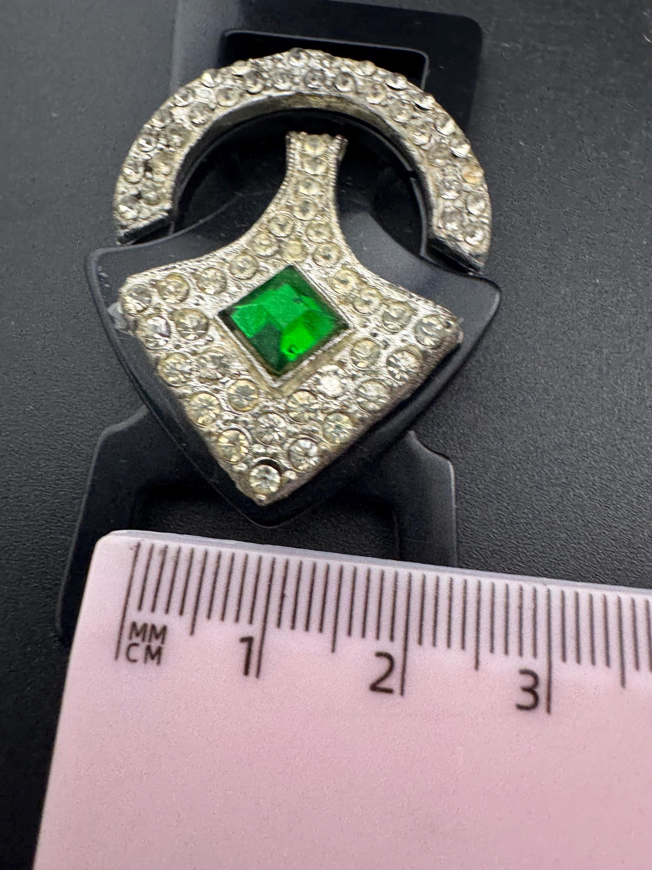 Antique Art Deco Black early plastic 2 part double emerald green and clear crystal rhinestone Belt Buckle 1920s 1930s Sewing Haberdashery