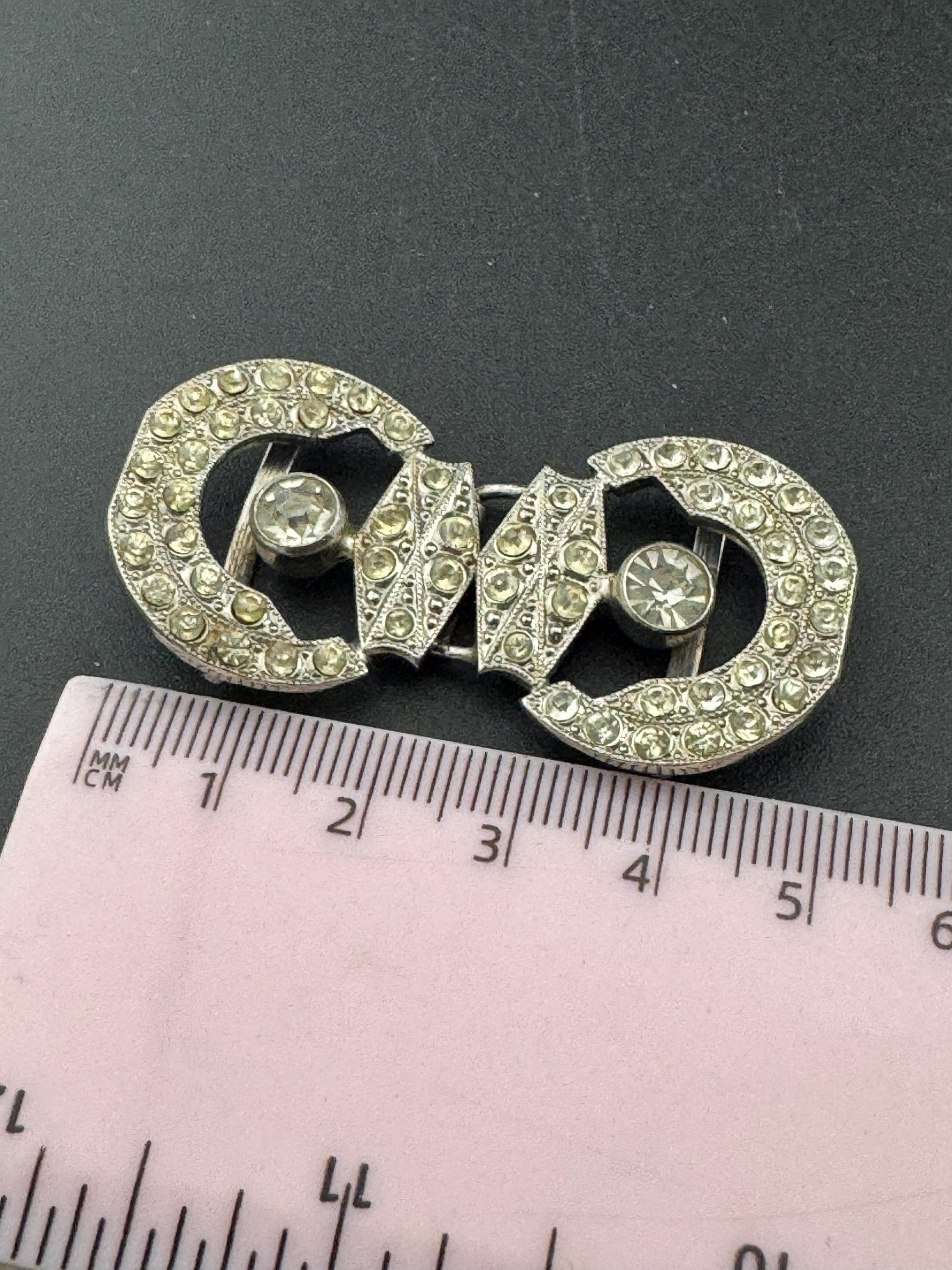 Antique 5cm Czech Art Deco 1920s 1930s wide double 2 part Glass Diamante Belt Buckle paste rhinestone  Bridal Wedding Sash Adornment Fitting