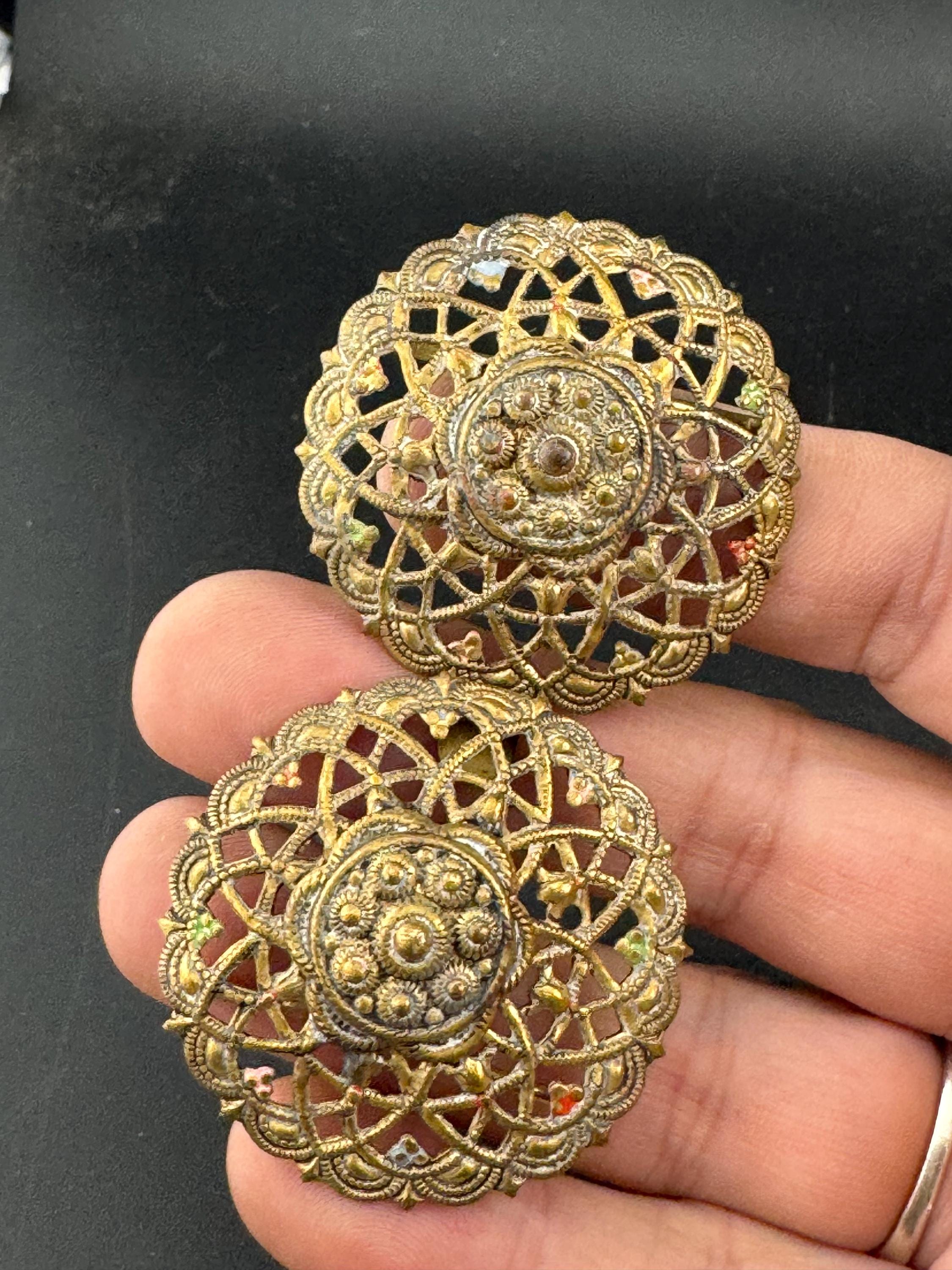 2 part belt buckle Antique filigree brass work gold tone domed Metal Vintage Belt buckle Dressmaking vintage couture steampunk