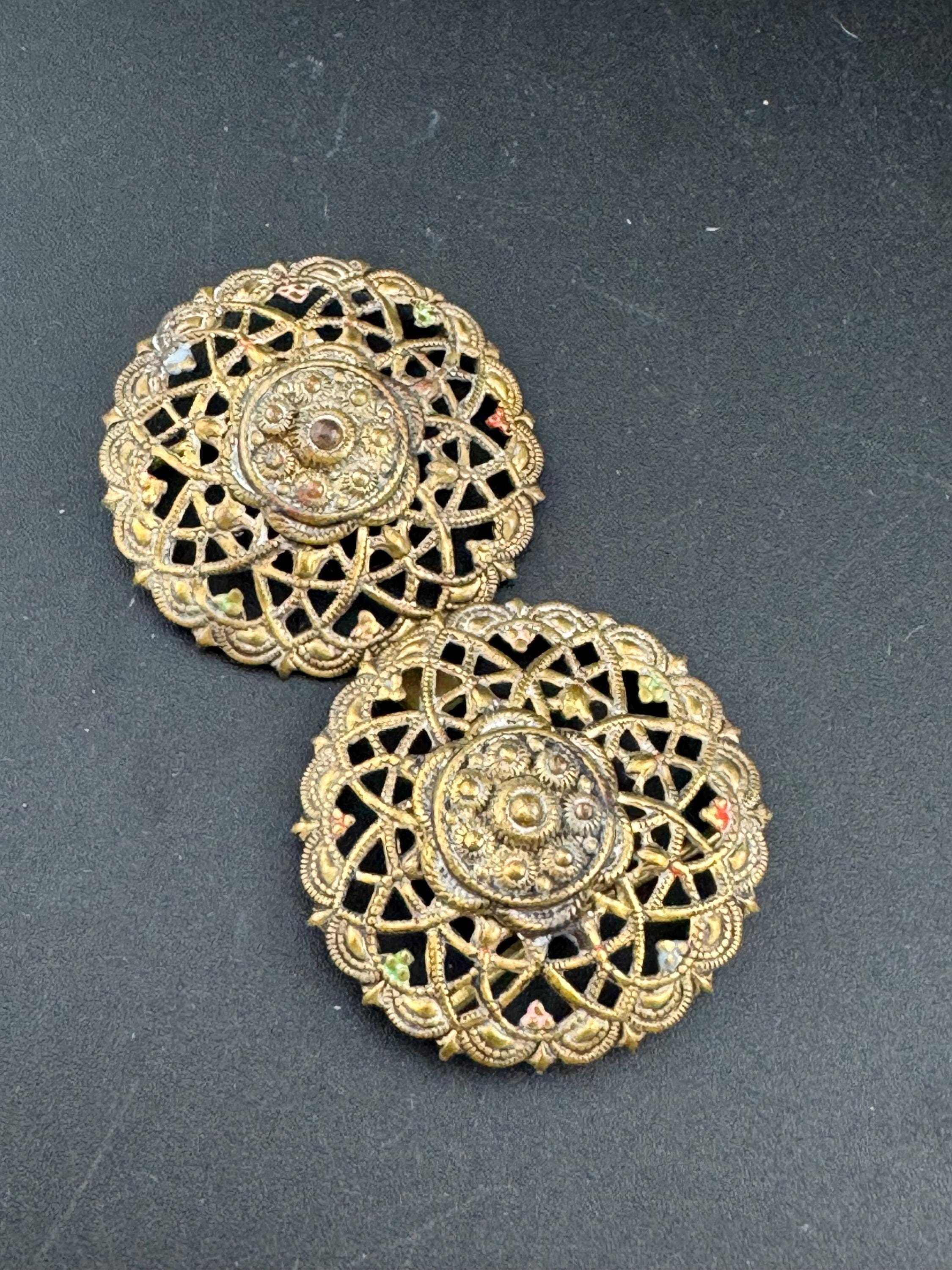 2 part belt buckle Antique filigree brass work gold tone domed Metal Vintage Belt buckle Dressmaking vintage couture steampunk