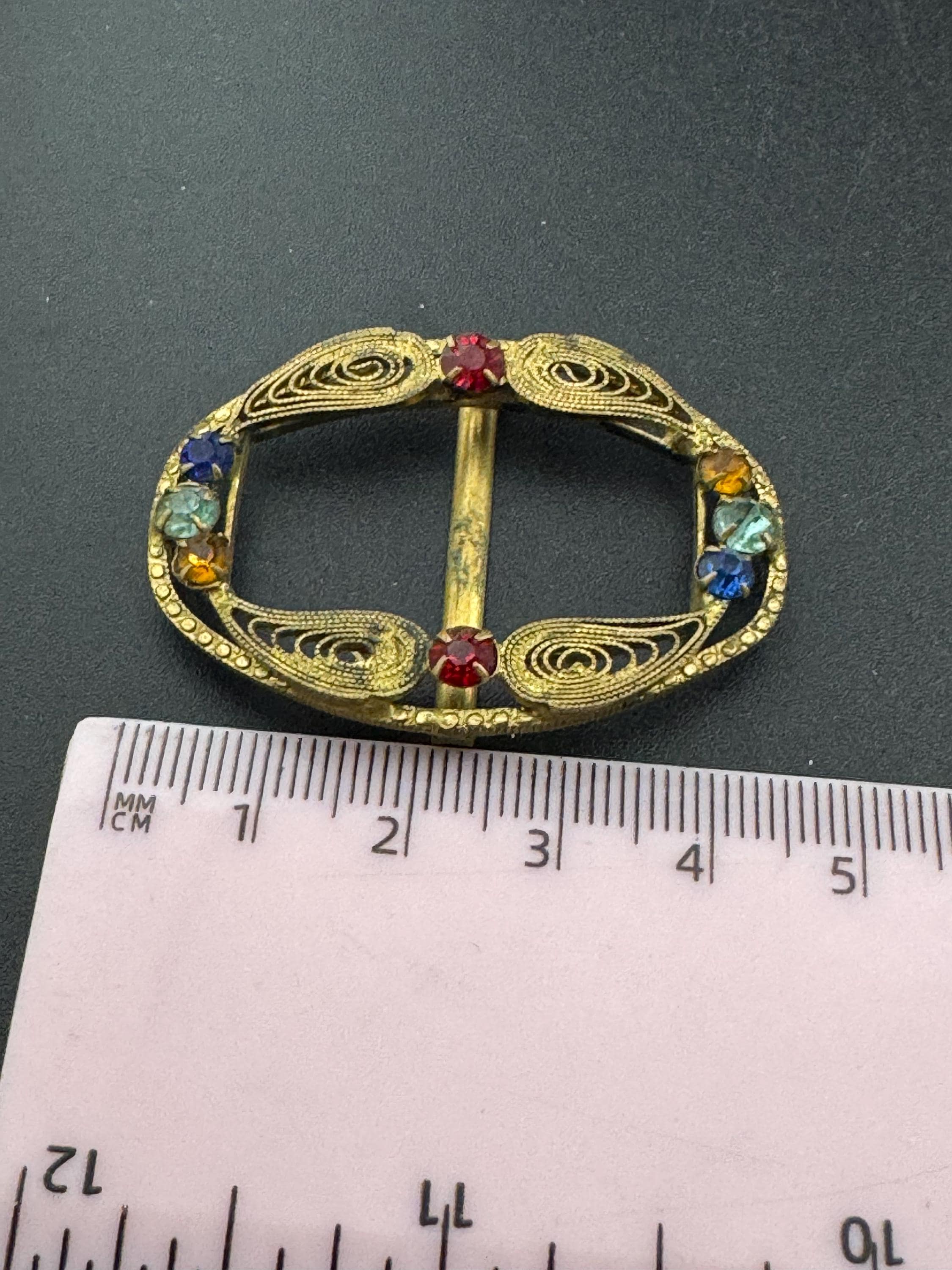 Antique Crystal rainbow Paste diamanté brass filigree Czech belt buckle 1920s
