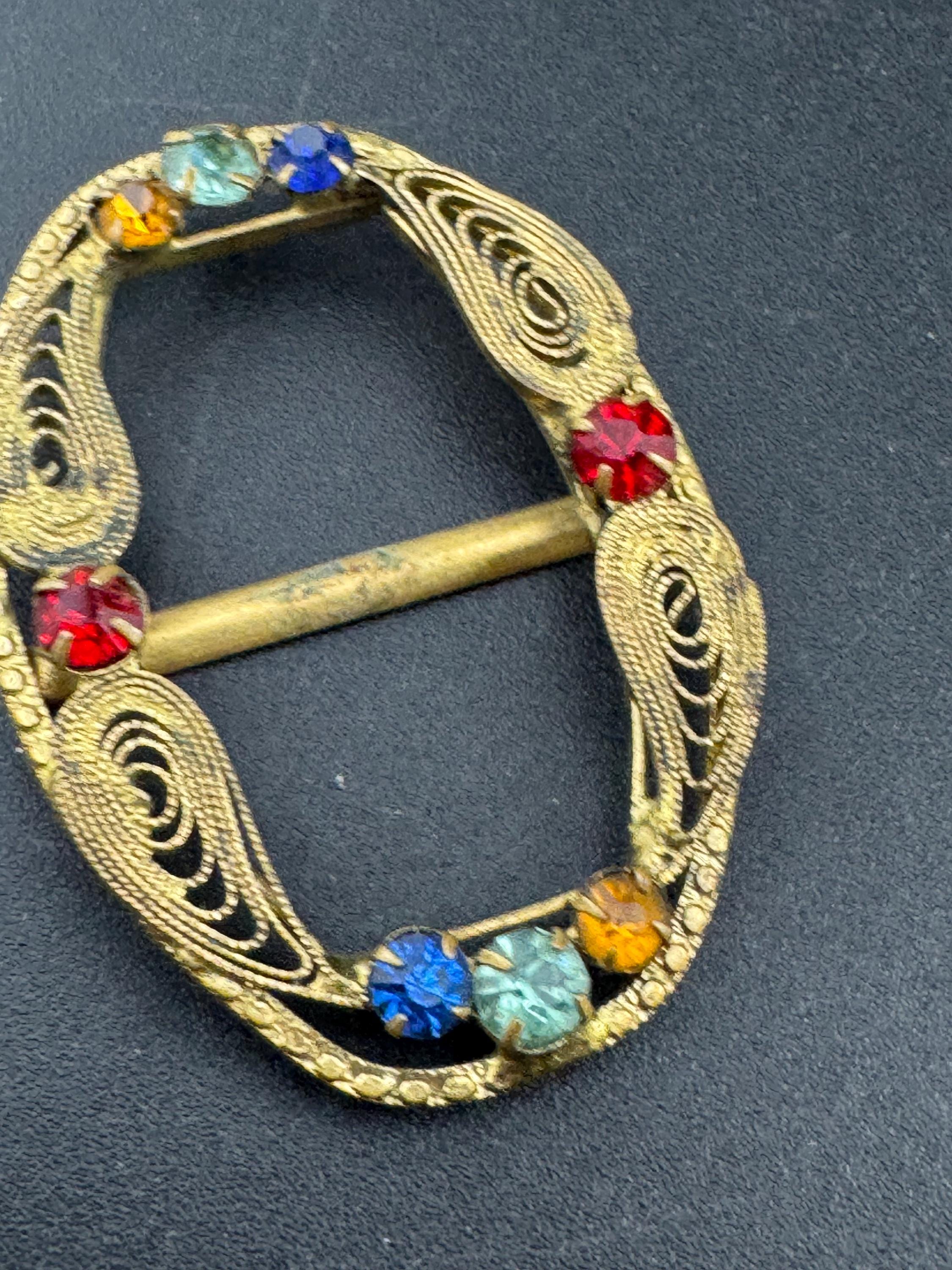 Antique Crystal rainbow Paste diamanté brass filigree Czech belt buckle 1920s