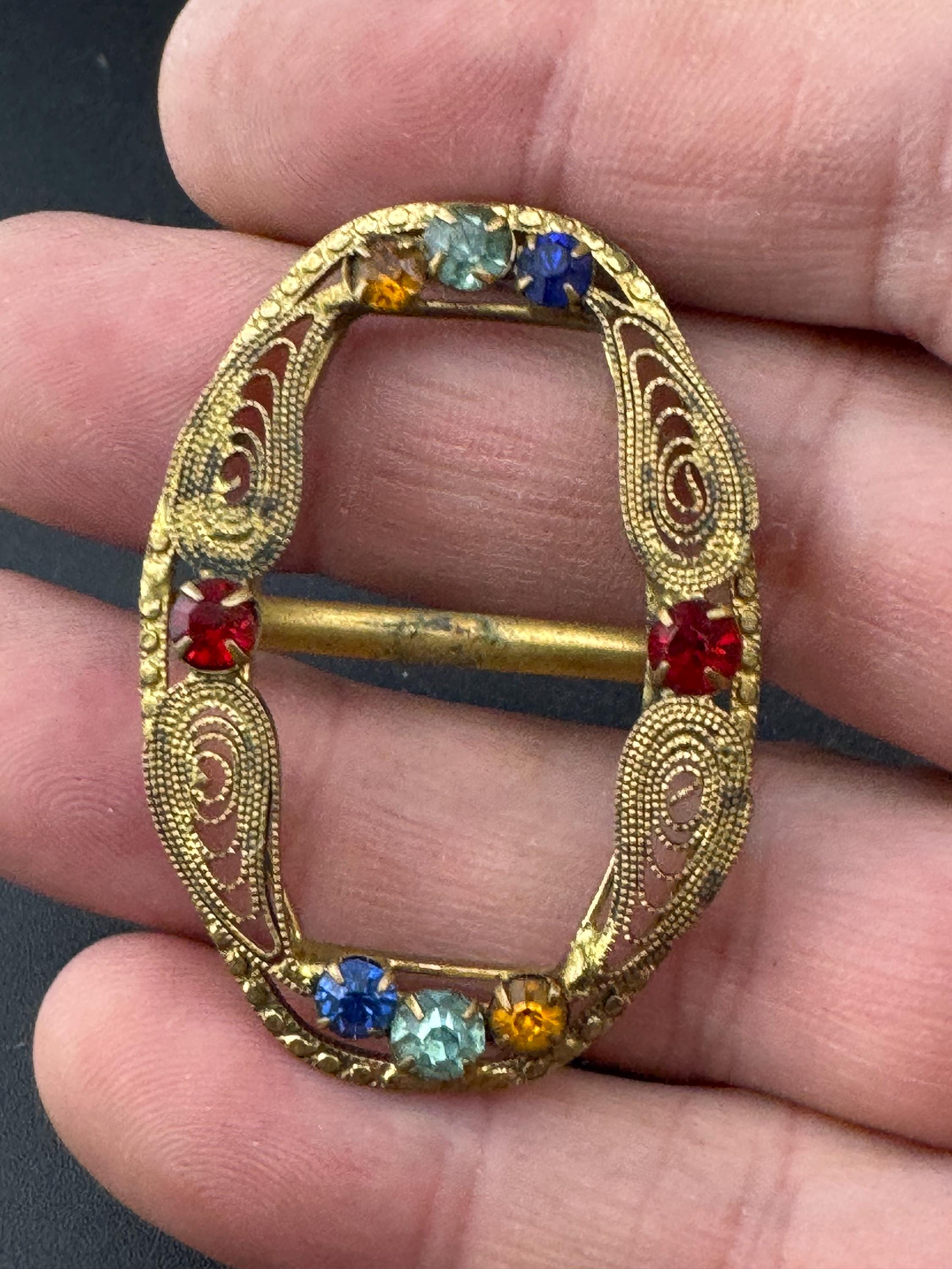 Antique Crystal rainbow Paste diamanté brass filigree Czech belt buckle 1920s