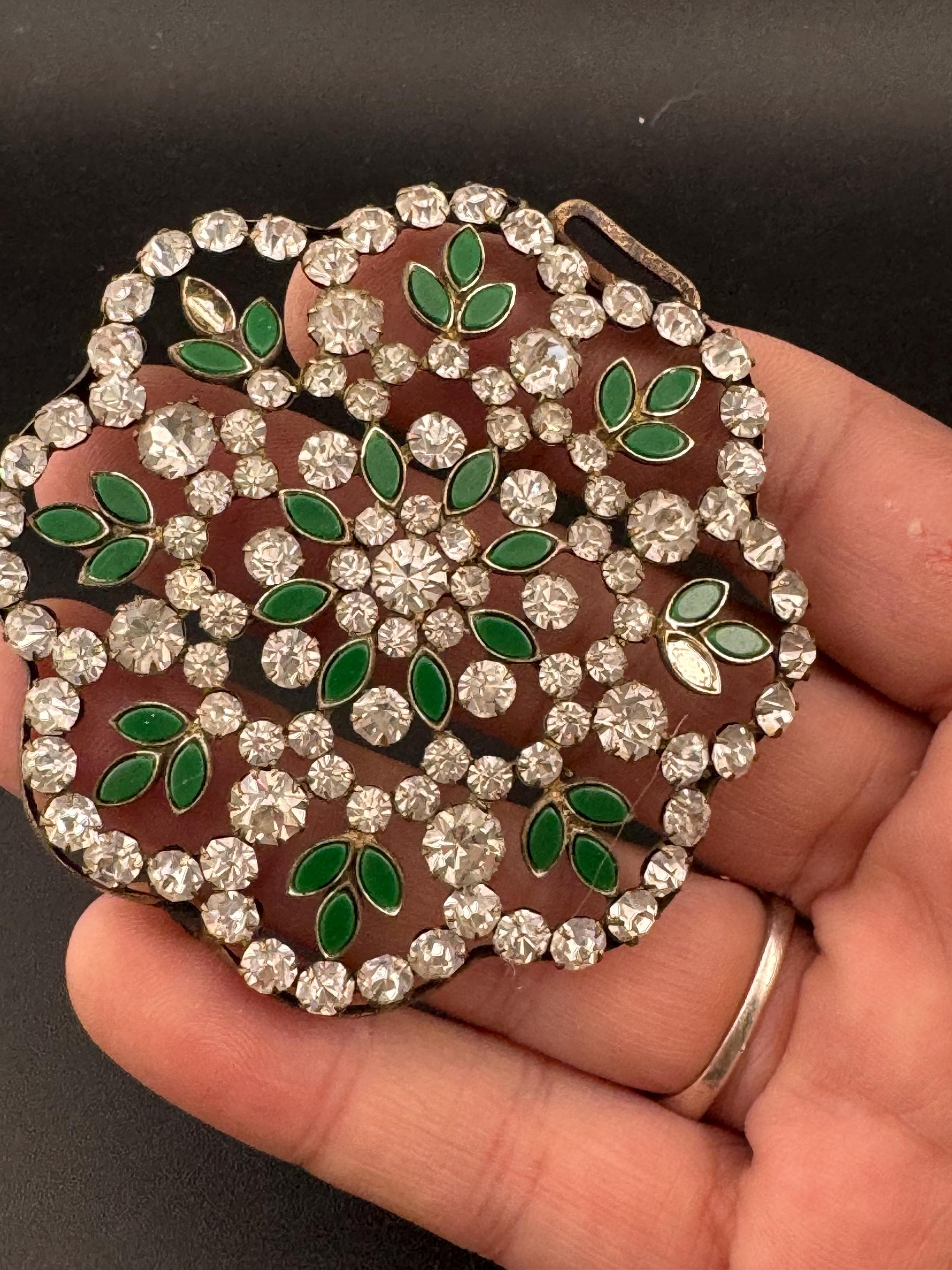 Antique large flower shaped emerald green enamel glass diamanté sew on embellishment