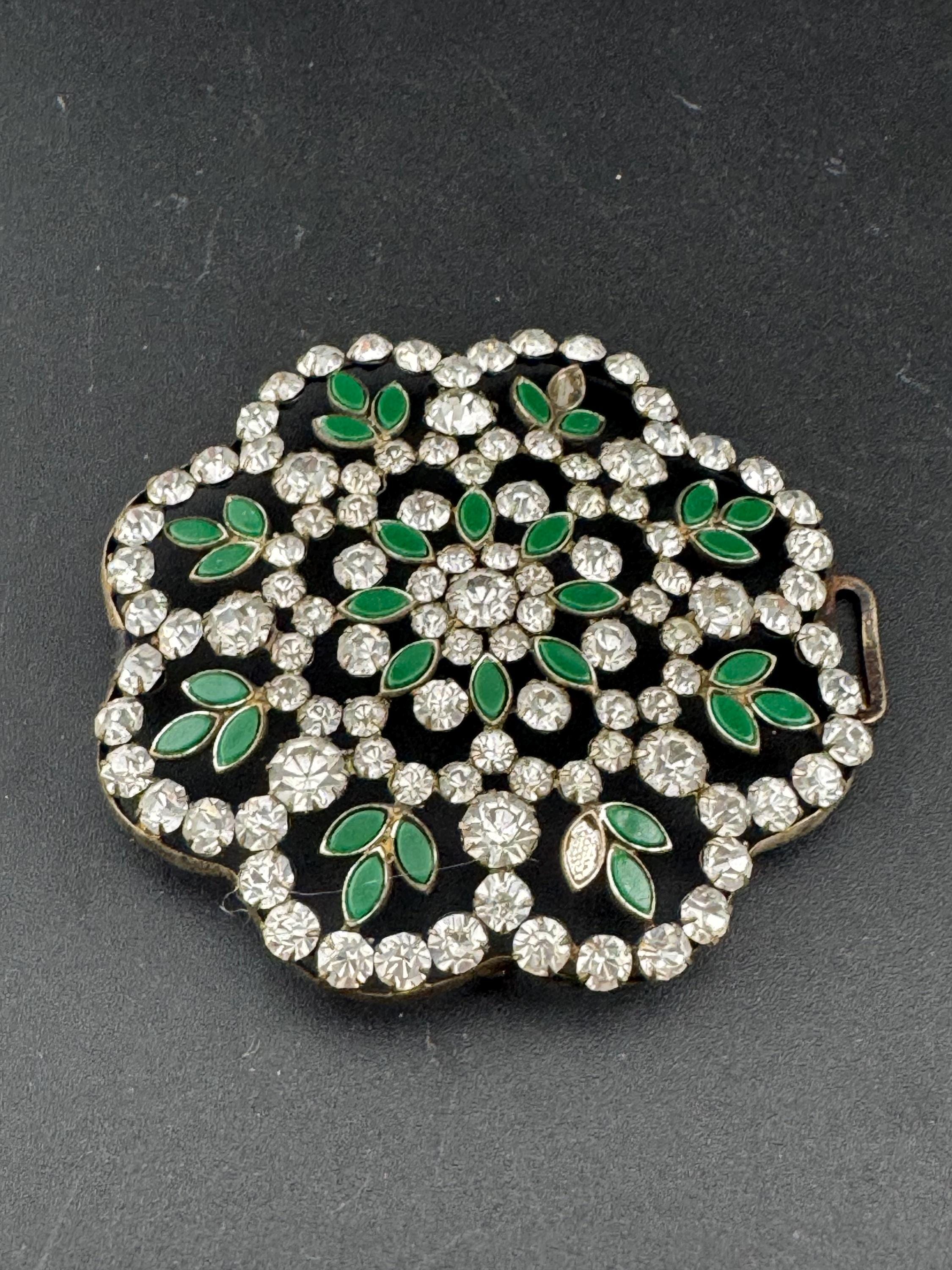 Antique large flower shaped emerald green enamel glass diamanté sew on embellishment