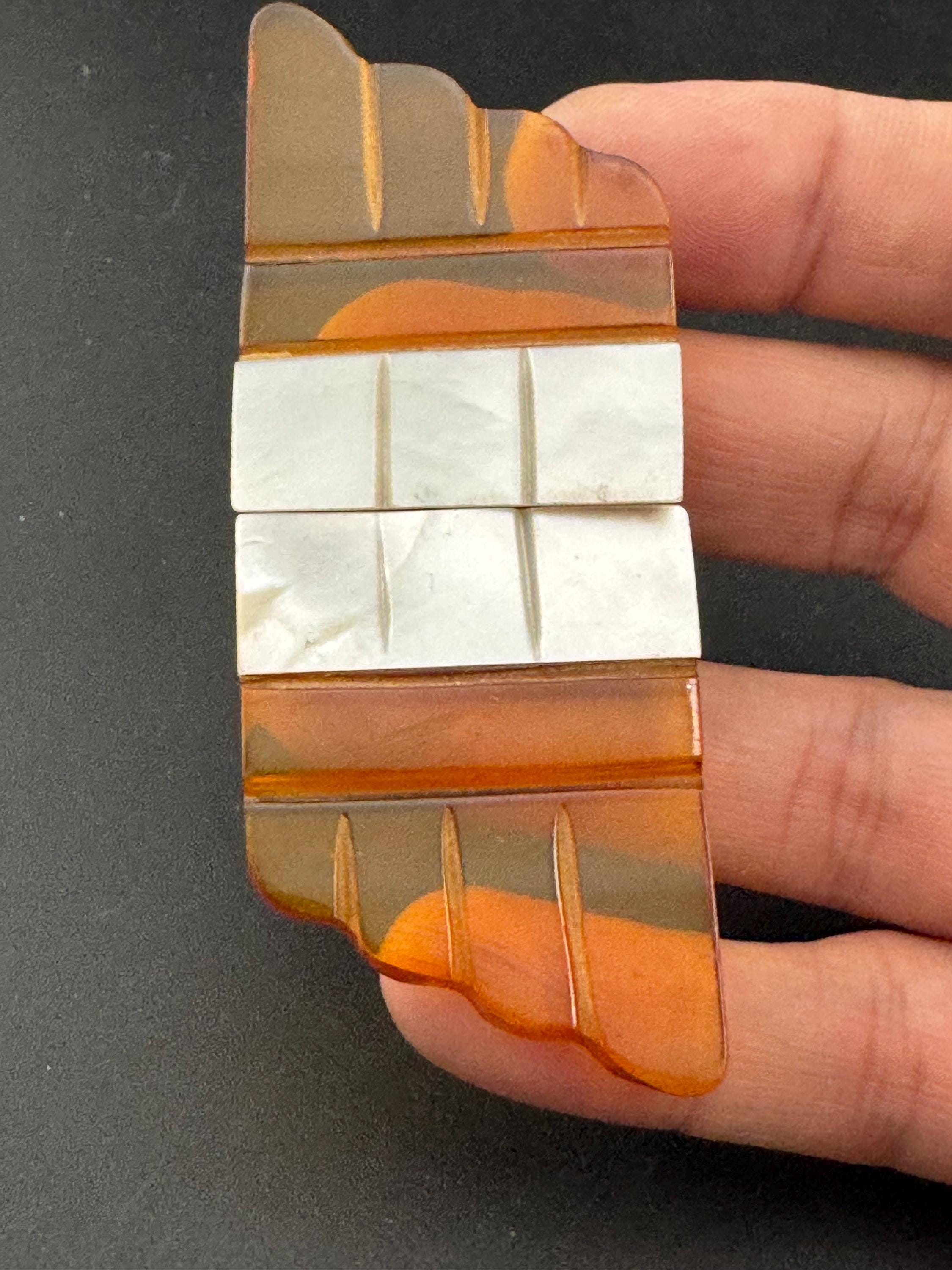 Art Deco Celluloid Belt Buckle: Amber Geometric Pearl, 1920s Sewing