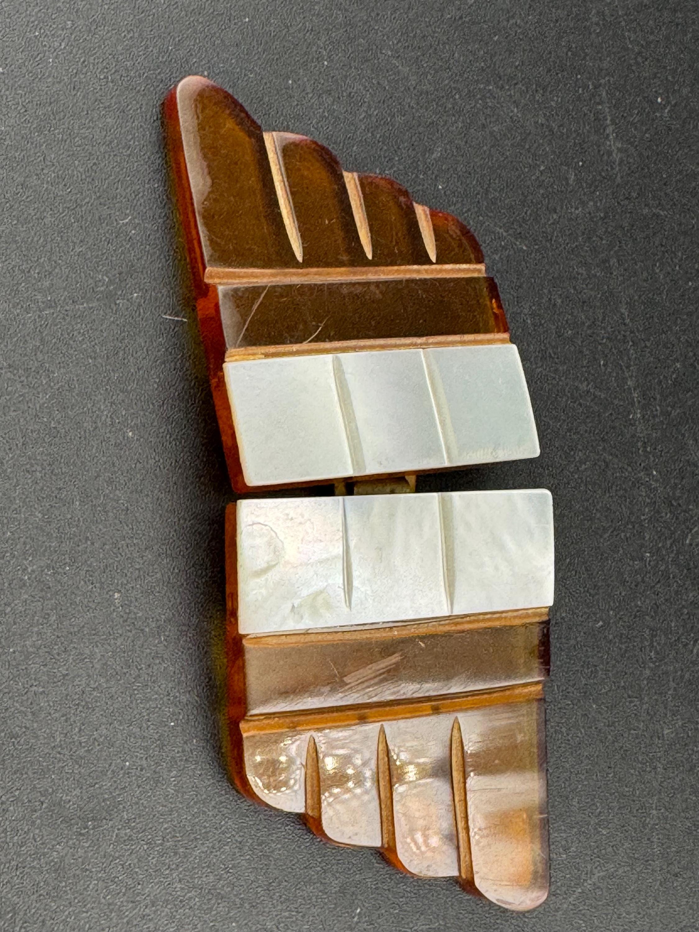 Art Deco Celluloid Belt Buckle: Amber Geometric Pearl, 1920s Sewing