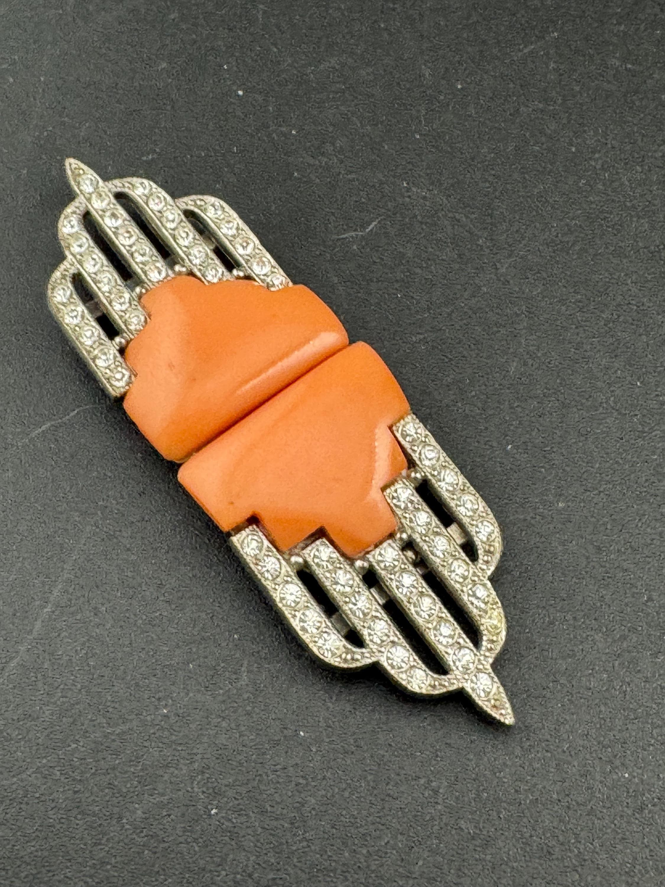 Art Deco winged coral glass enamel chrome geometric silver diamanté  Belt Buckle