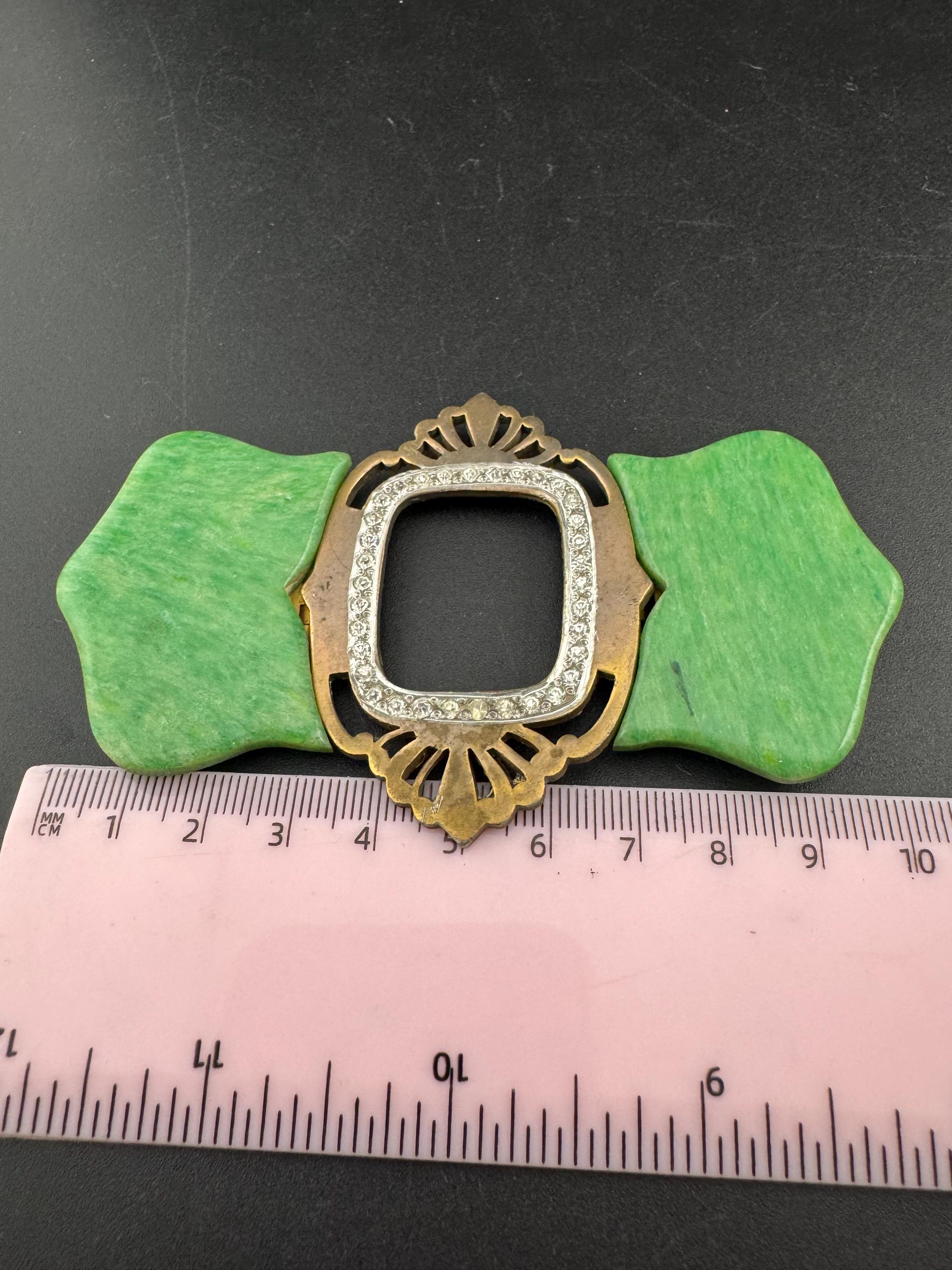Art Deco Green Bakelite Belt Buckle: Diamanté Nouveau Style