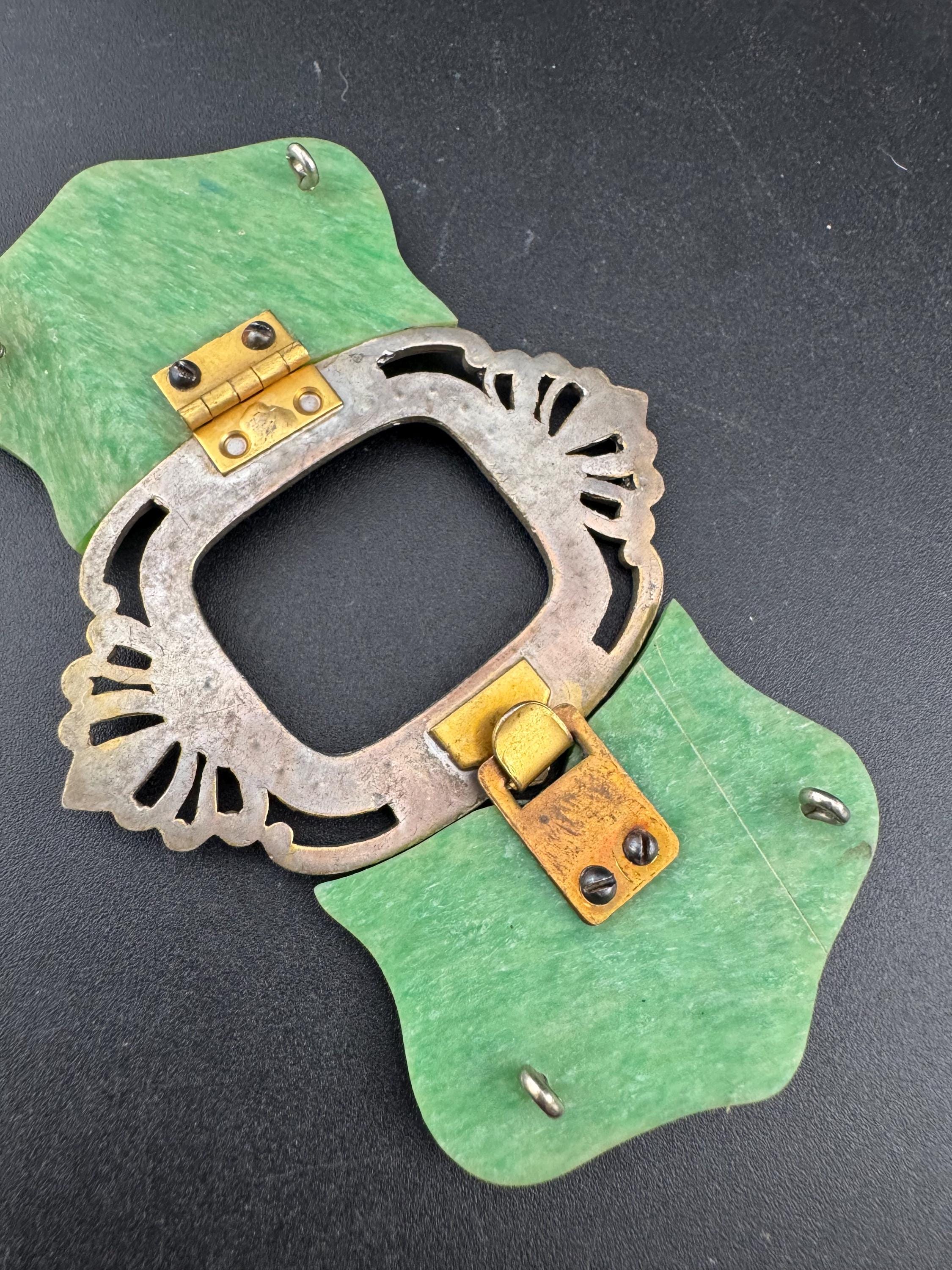 Art Deco Green Bakelite Belt Buckle: Diamanté Nouveau Style