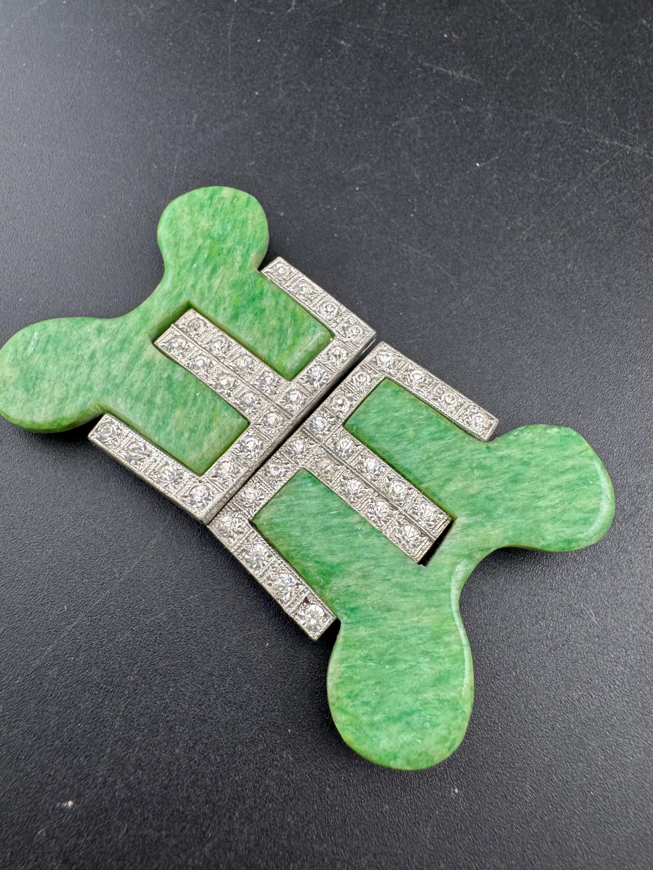 Art Deco Green Bakelite Belt Buckle: Diamanté Nouveau Style