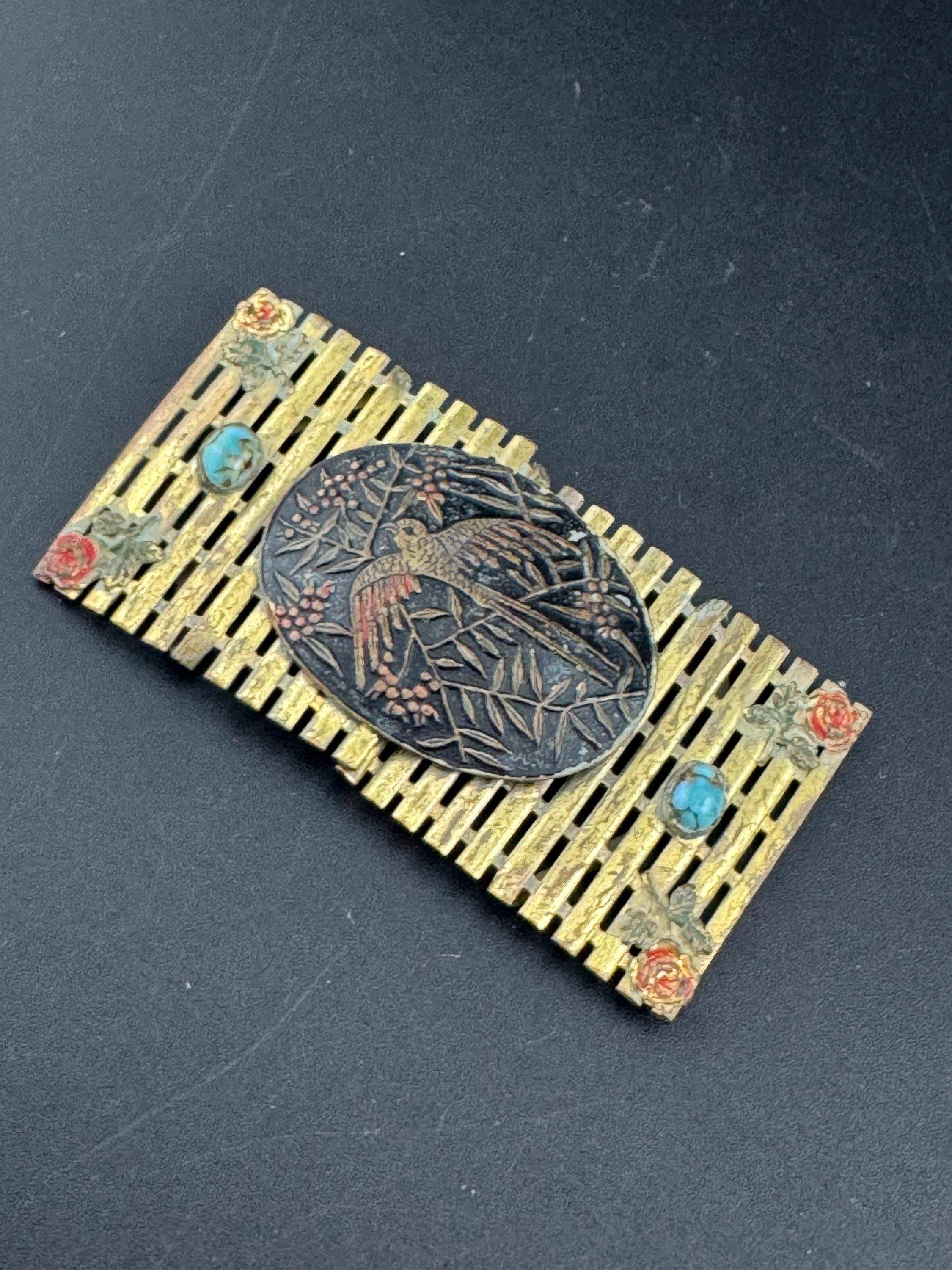 Antique Chinese Japanese turquoise gemstone set carved bird 2 part Vintage brass belt buckle