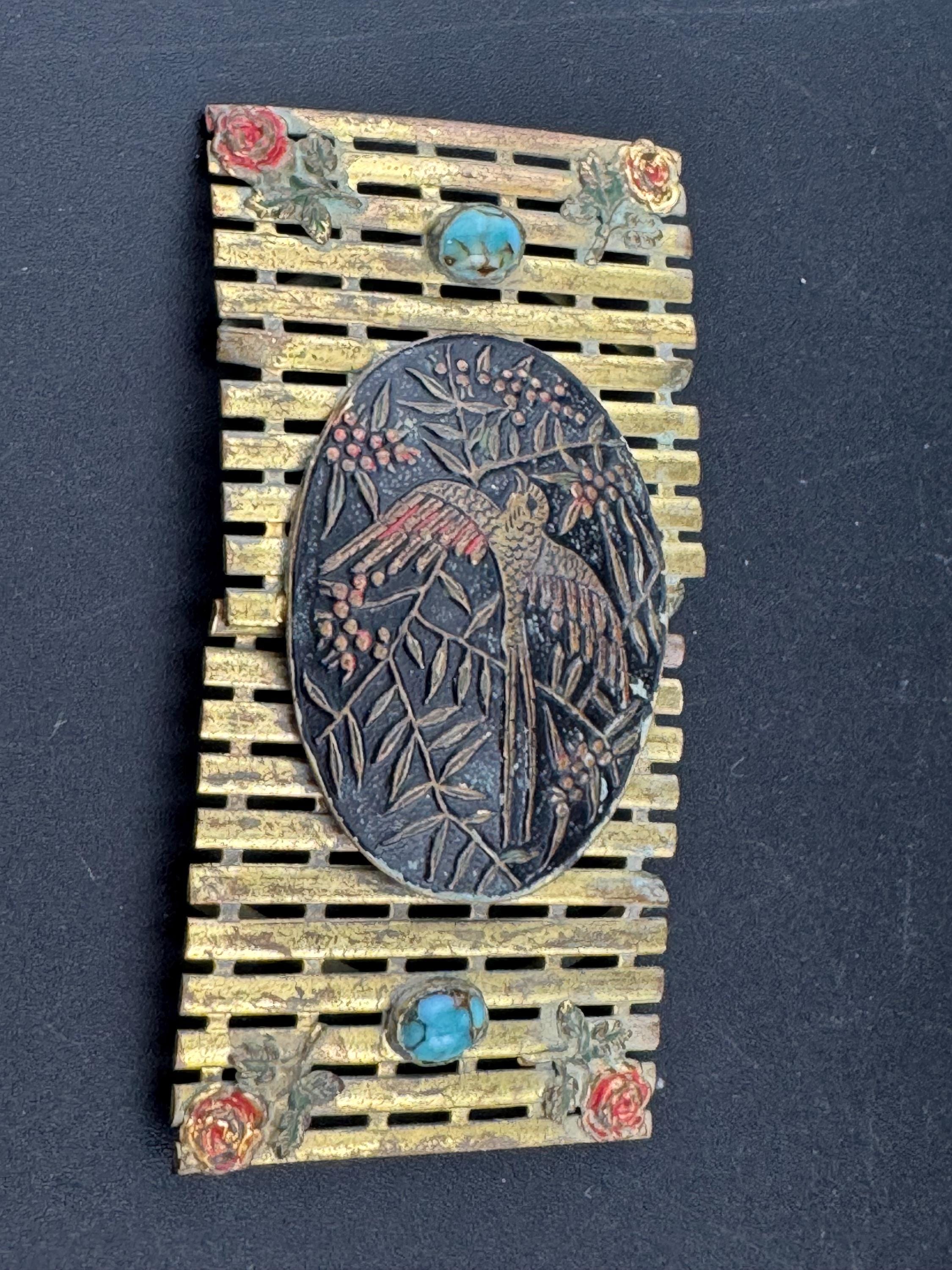 Antique Chinese Japanese turquoise gemstone set carved bird 2 part Vintage brass belt buckle