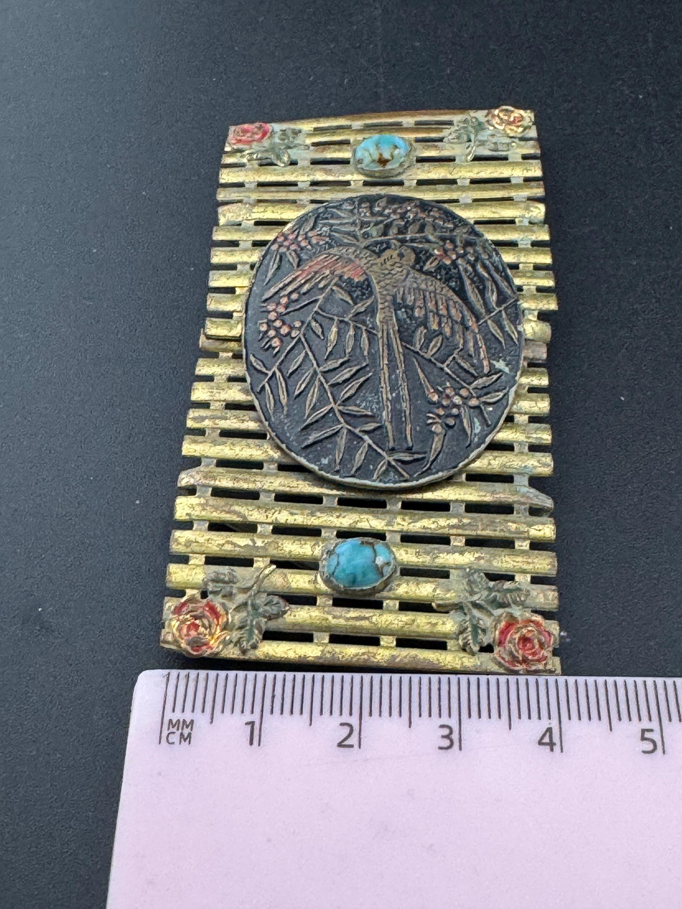 Antique Chinese Japanese turquoise gemstone set carved bird 2 part Vintage brass belt buckle