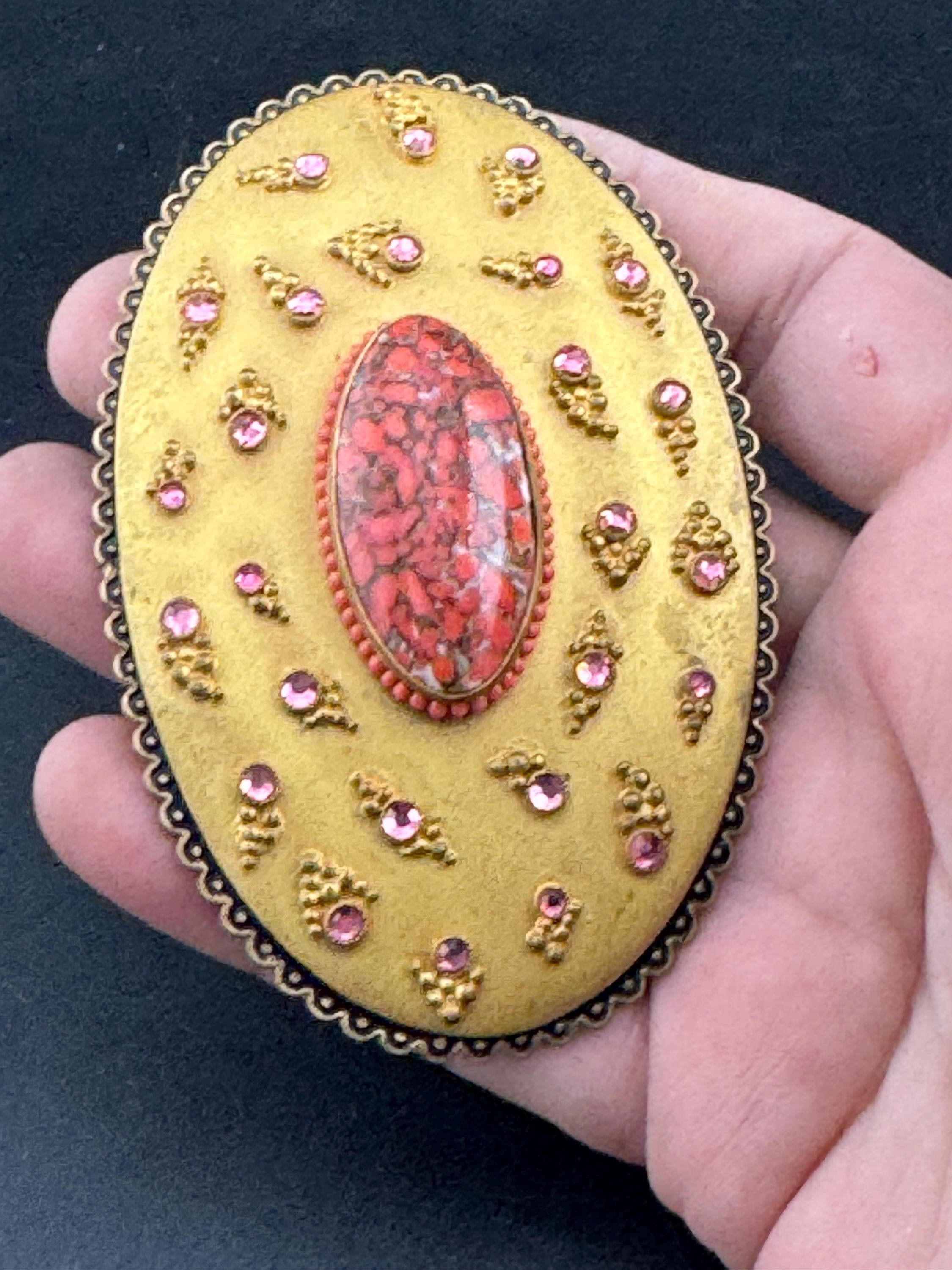 Oversized XL Antique Czech gold Gilt Ormolu pink rhinestone red cabochon oval metal Belt Buckle  Georgian Victorian