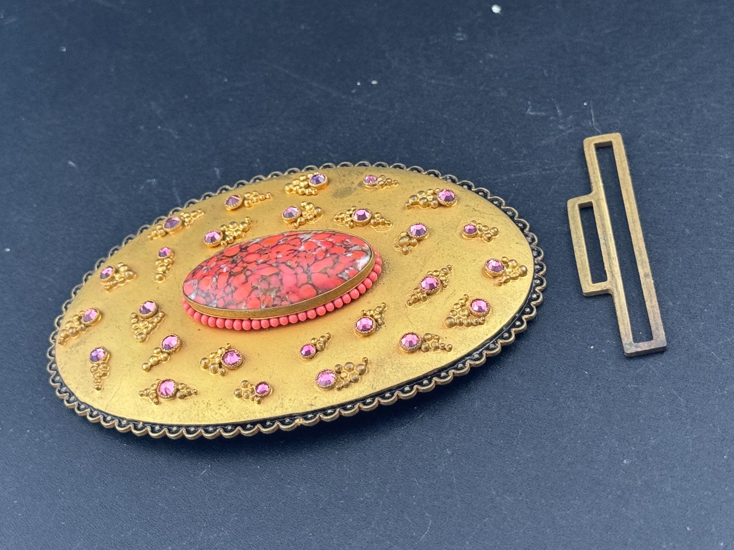 Oversized XL Antique Czech gold Gilt Ormolu pink rhinestone red cabochon oval metal Belt Buckle  Georgian Victorian