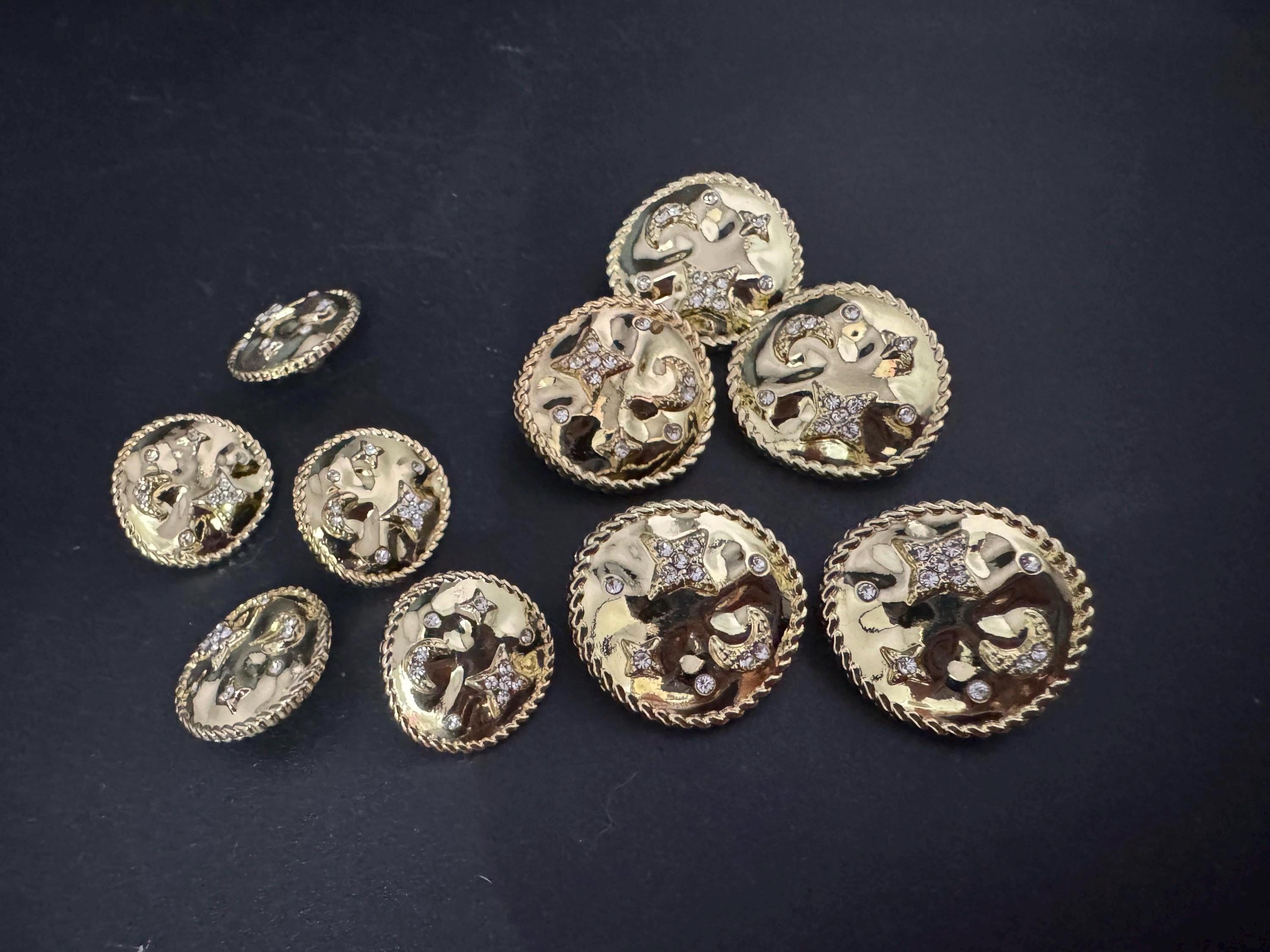 Set of 5 pc 17mm or 22mm crystal moon and star diamanté buttons, metal shank, celestial, glossy gold tone metal
