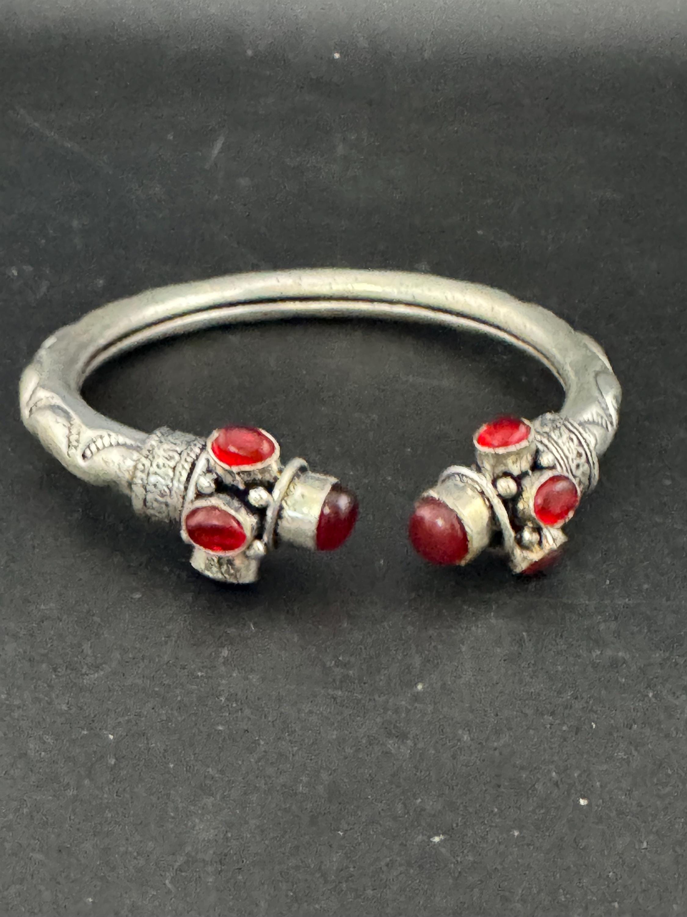 Garnet ruby red GEMSTONE Bangle silver plated torque cuff bracelet