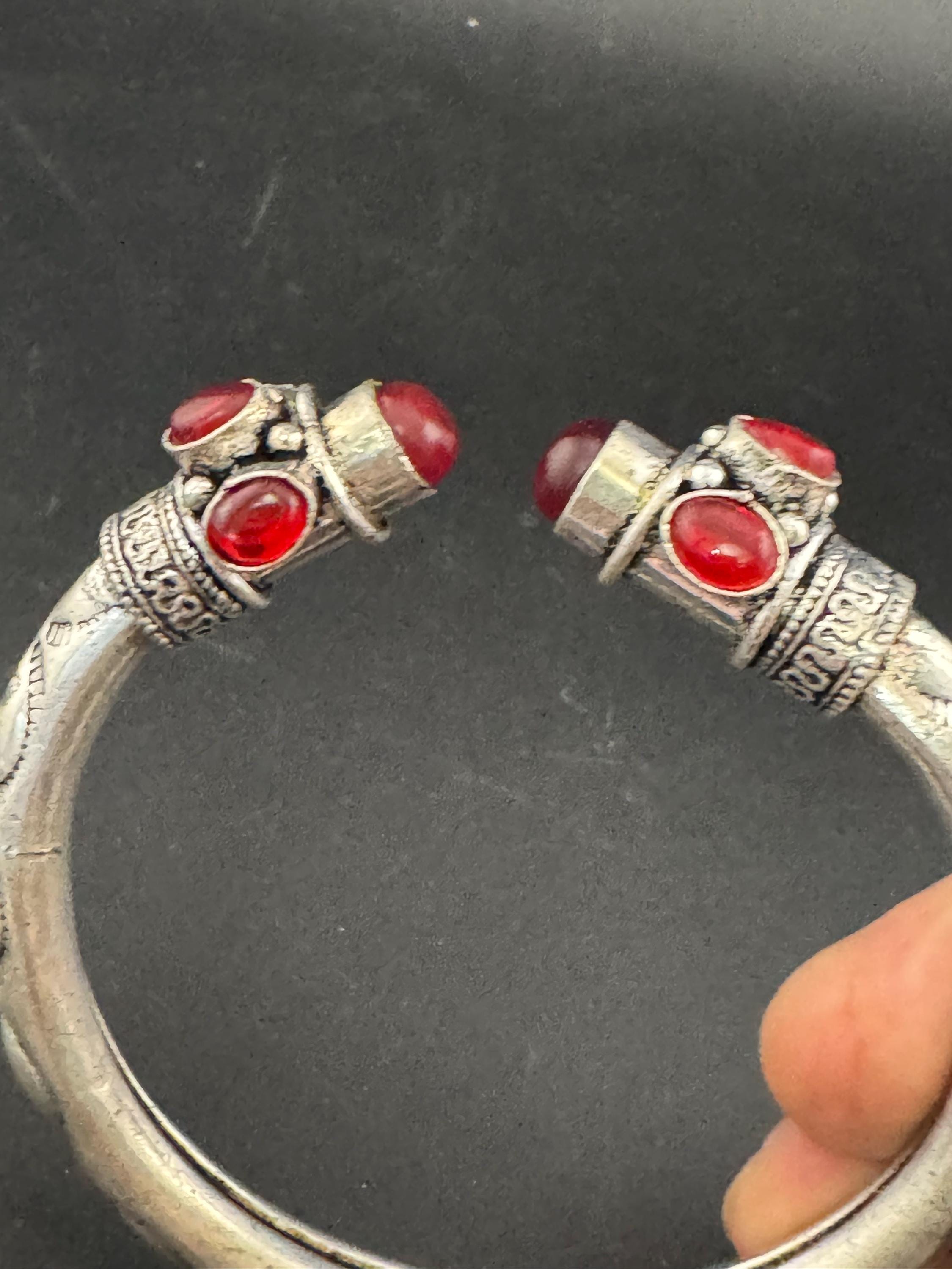 Garnet ruby red GEMSTONE Bangle silver plated torque cuff bracelet
