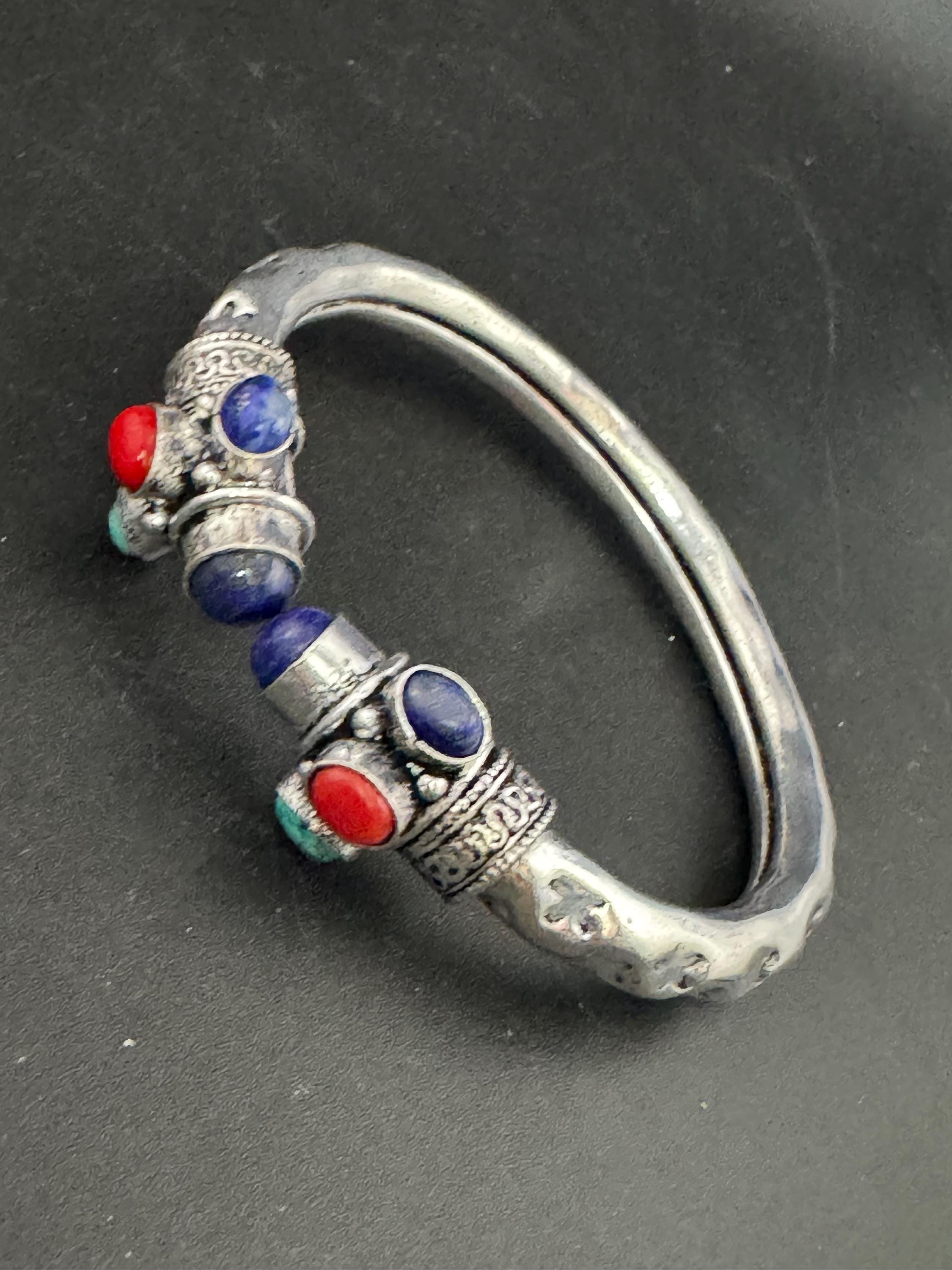 Turquoise blue lapis coral GEMSTONE Bangle silver plated  torque cuff bracelet