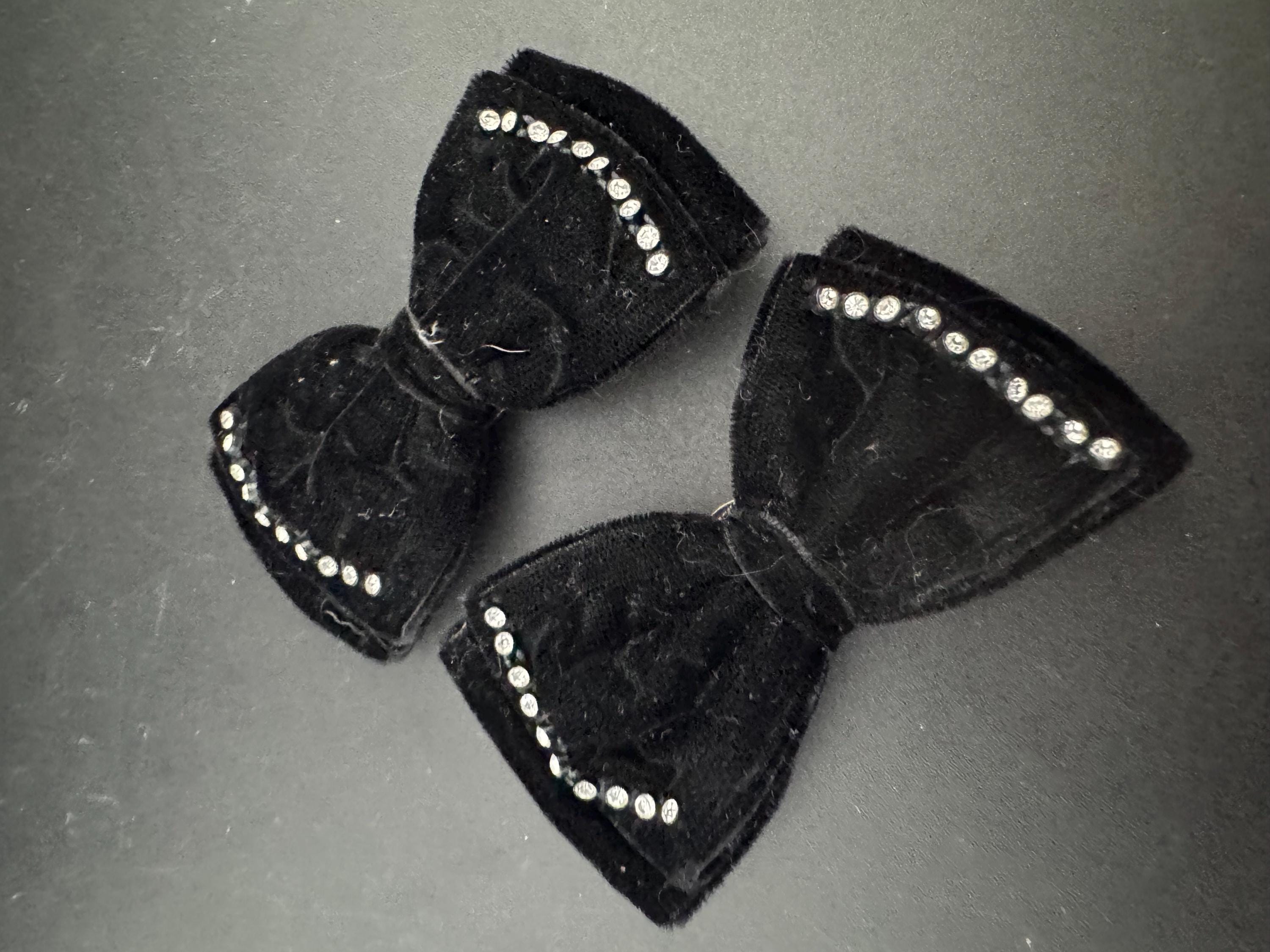 Vintage pair of Black velvet ribbon diamanté BOW shoe clips