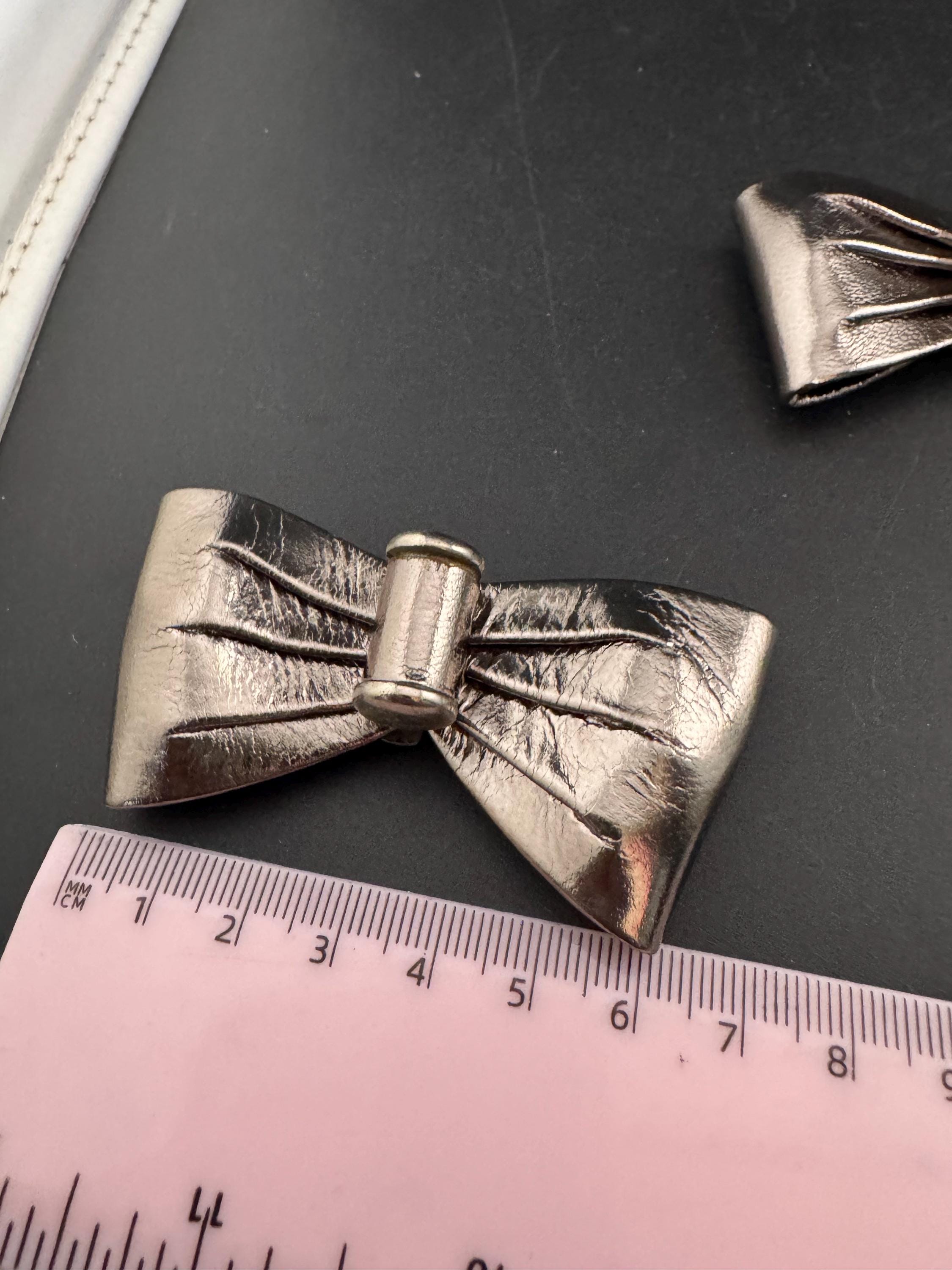 Vintage pair of pewter silver gold leather BOW shoe clips metal bar trims