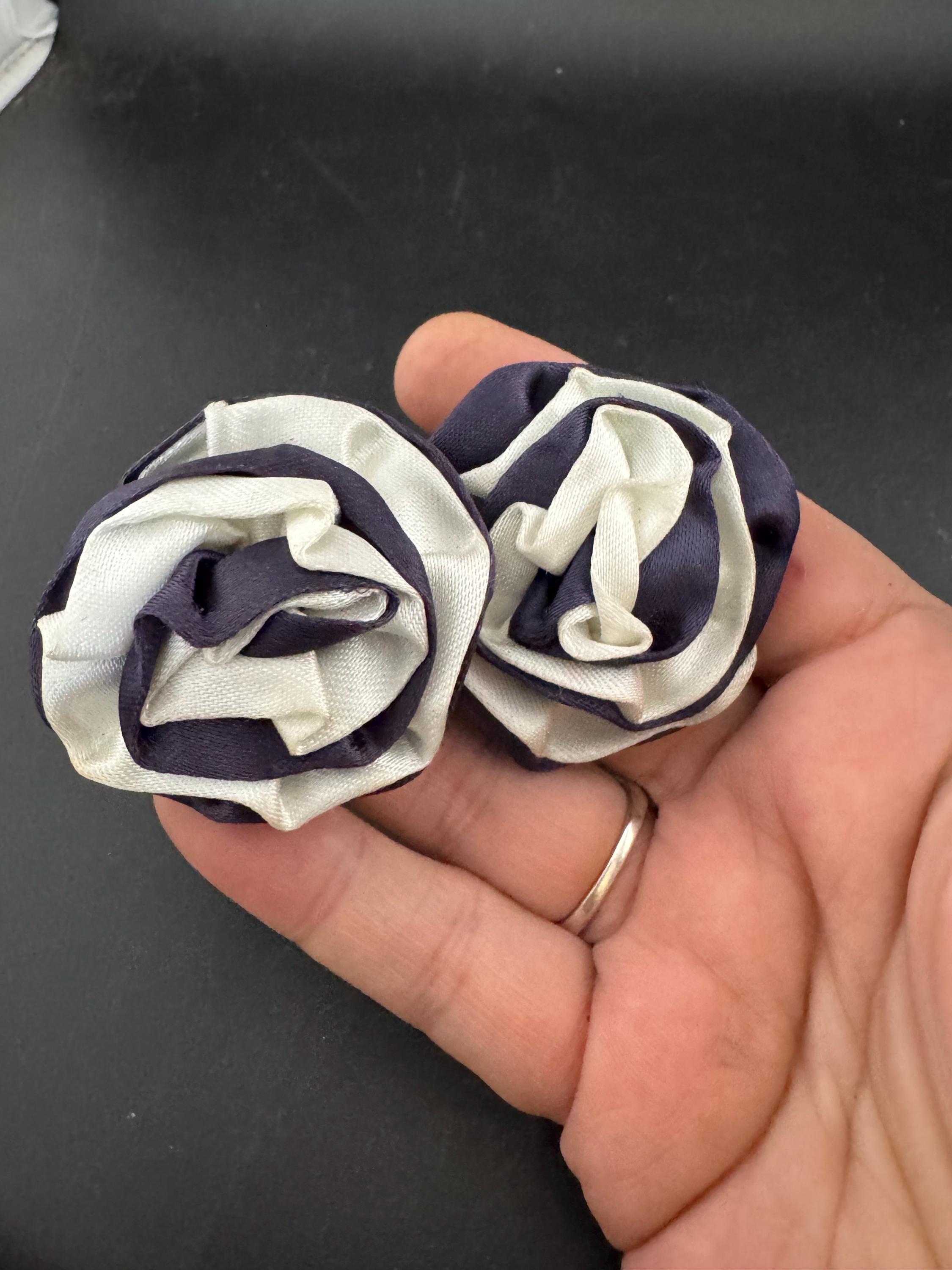 Vintage French Ribbon Flower Shoe Clips: Navy Blue & White 1980s