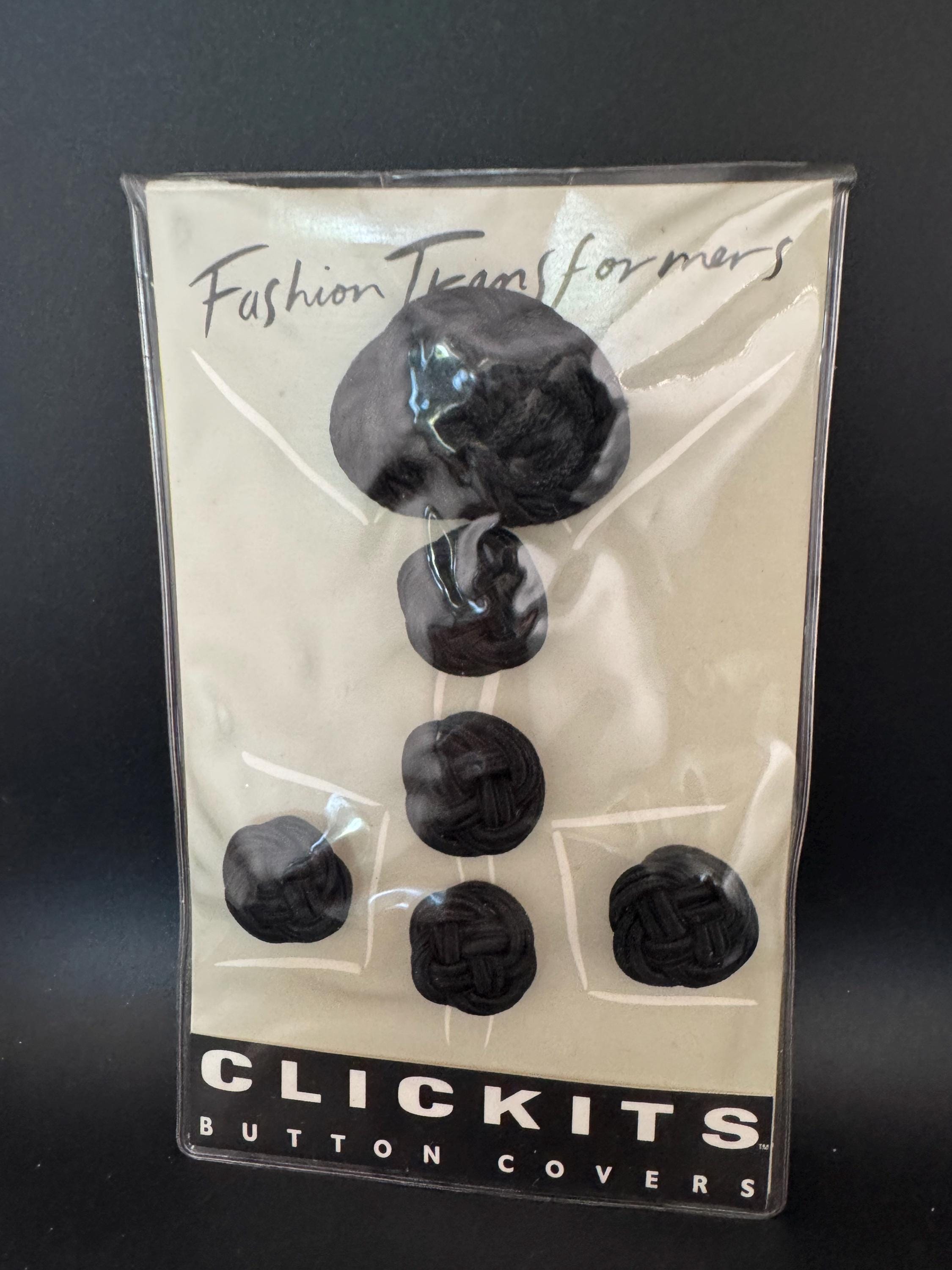 vintage set of black woven round fabric button covers by clickits