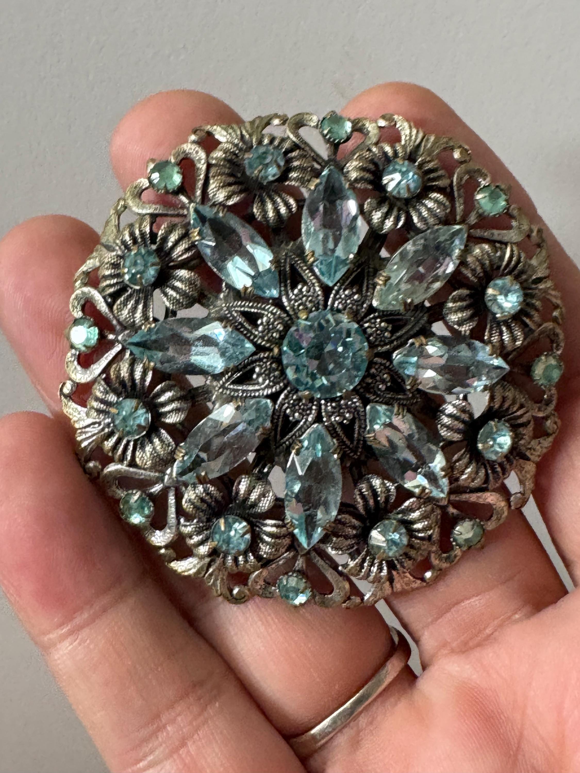 Vintage Czech Filigree Brooch: Aquamarine Glass Diamanté Floral