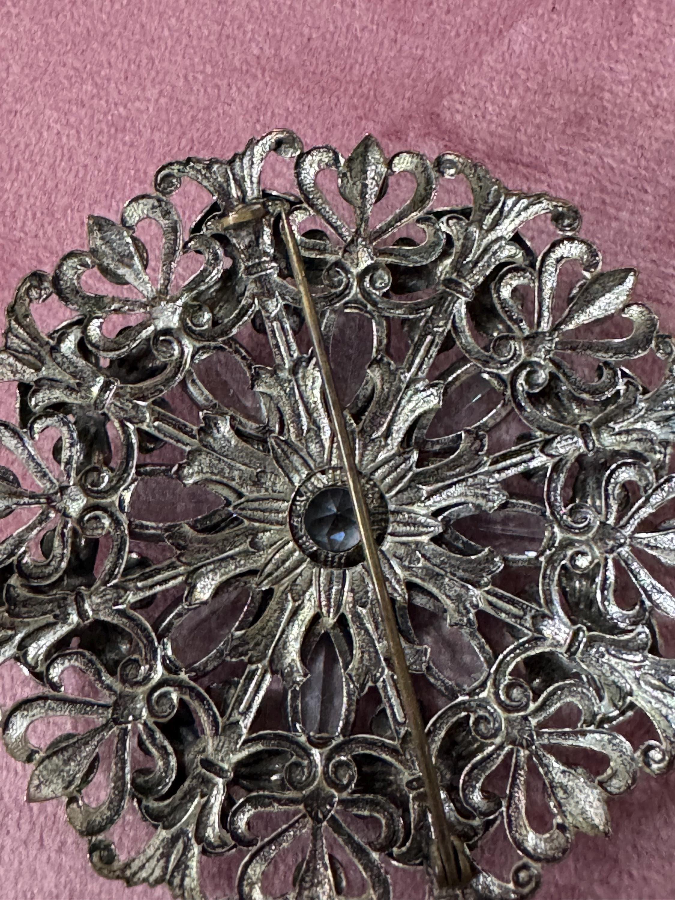 Vintage Czech Filigree Brooch: Aquamarine Glass Diamanté Floral