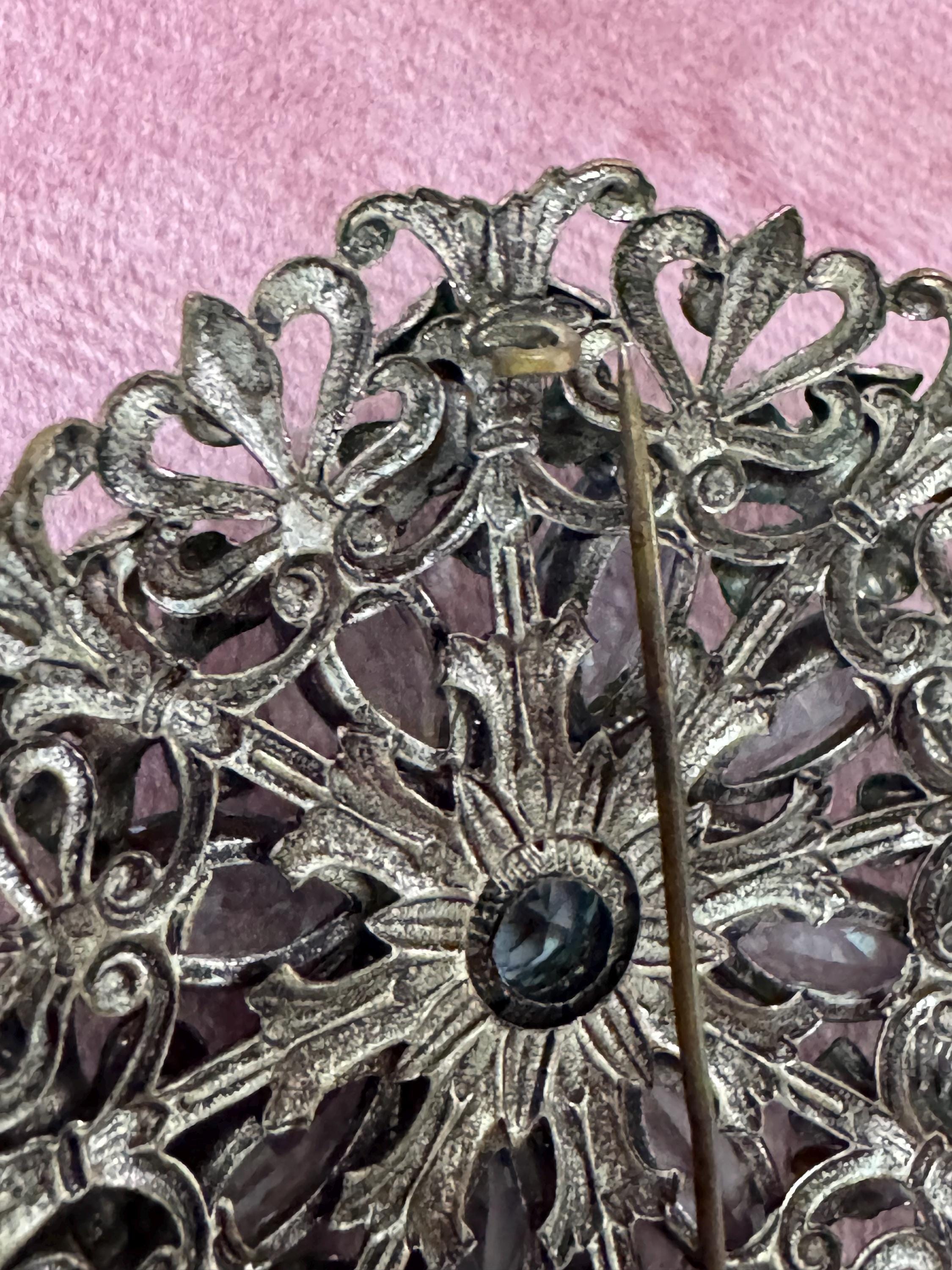 Vintage Czech Filigree Brooch: Aquamarine Glass Diamanté Floral