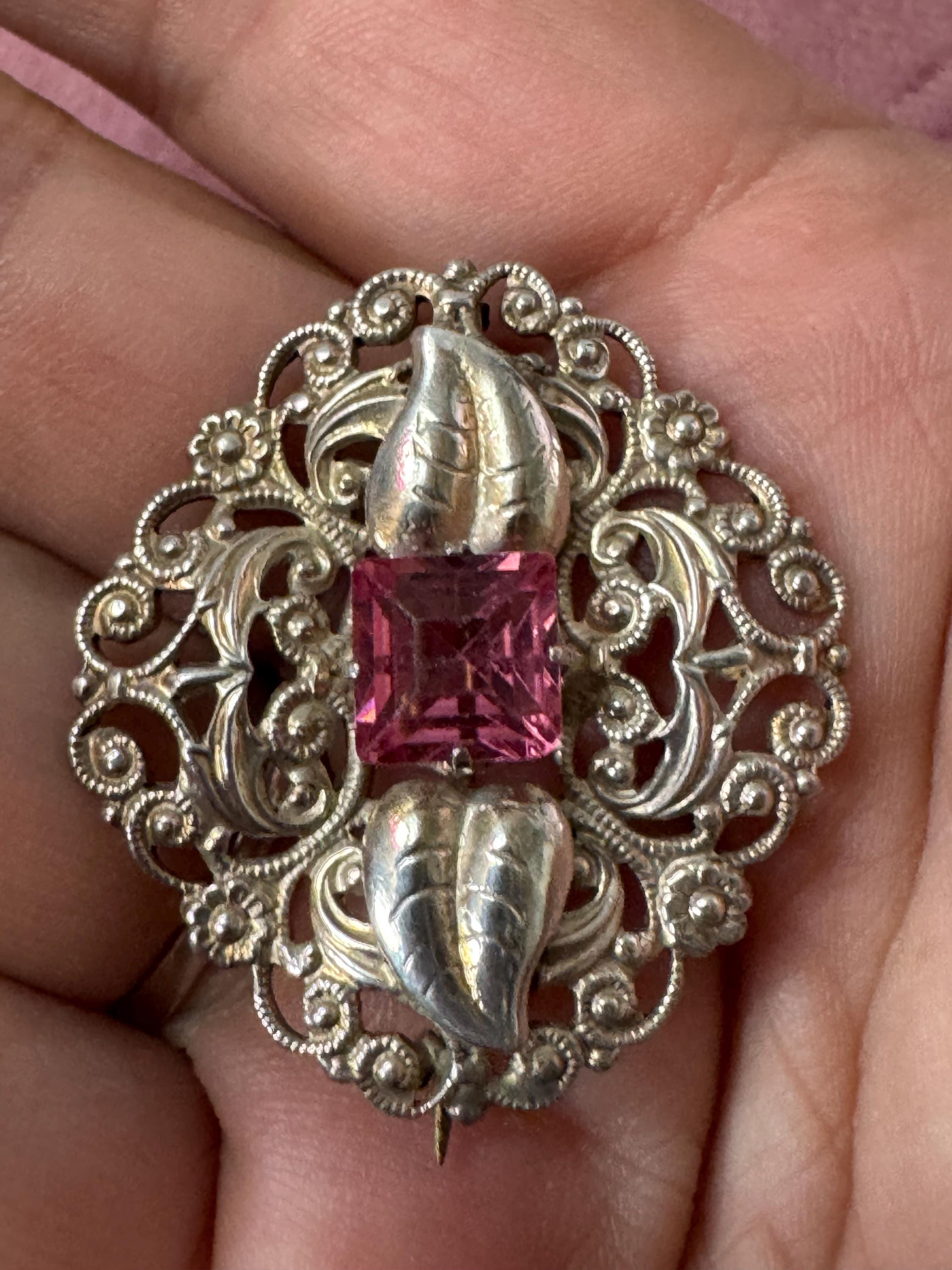 Vintage sweet czech stamped metal filigree silver tone pink glass diamanté floral brooch
