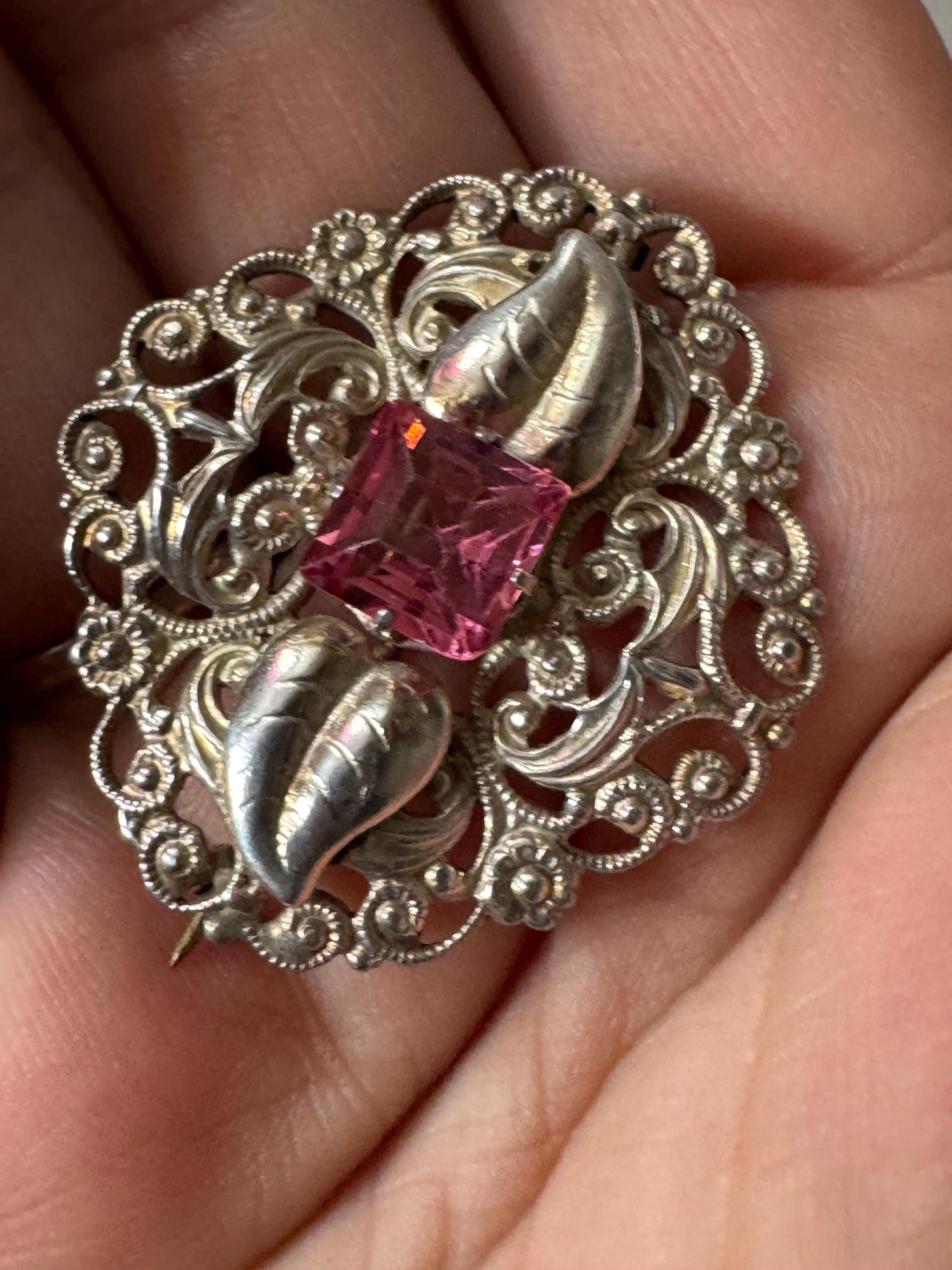 Vintage sweet czech stamped metal filigree silver tone pink glass diamanté floral brooch