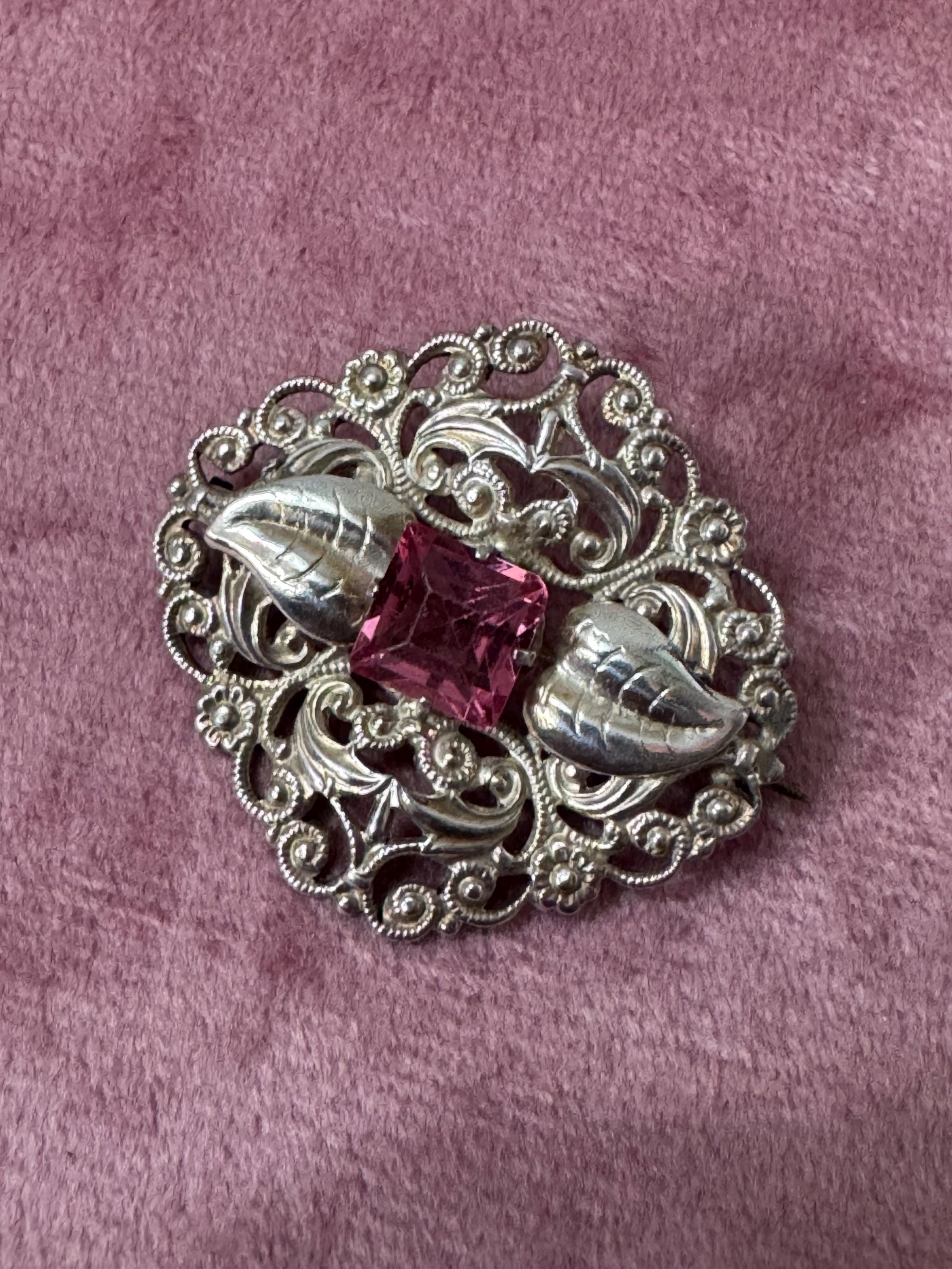 Vintage sweet czech stamped metal filigree silver tone pink glass diamanté floral brooch