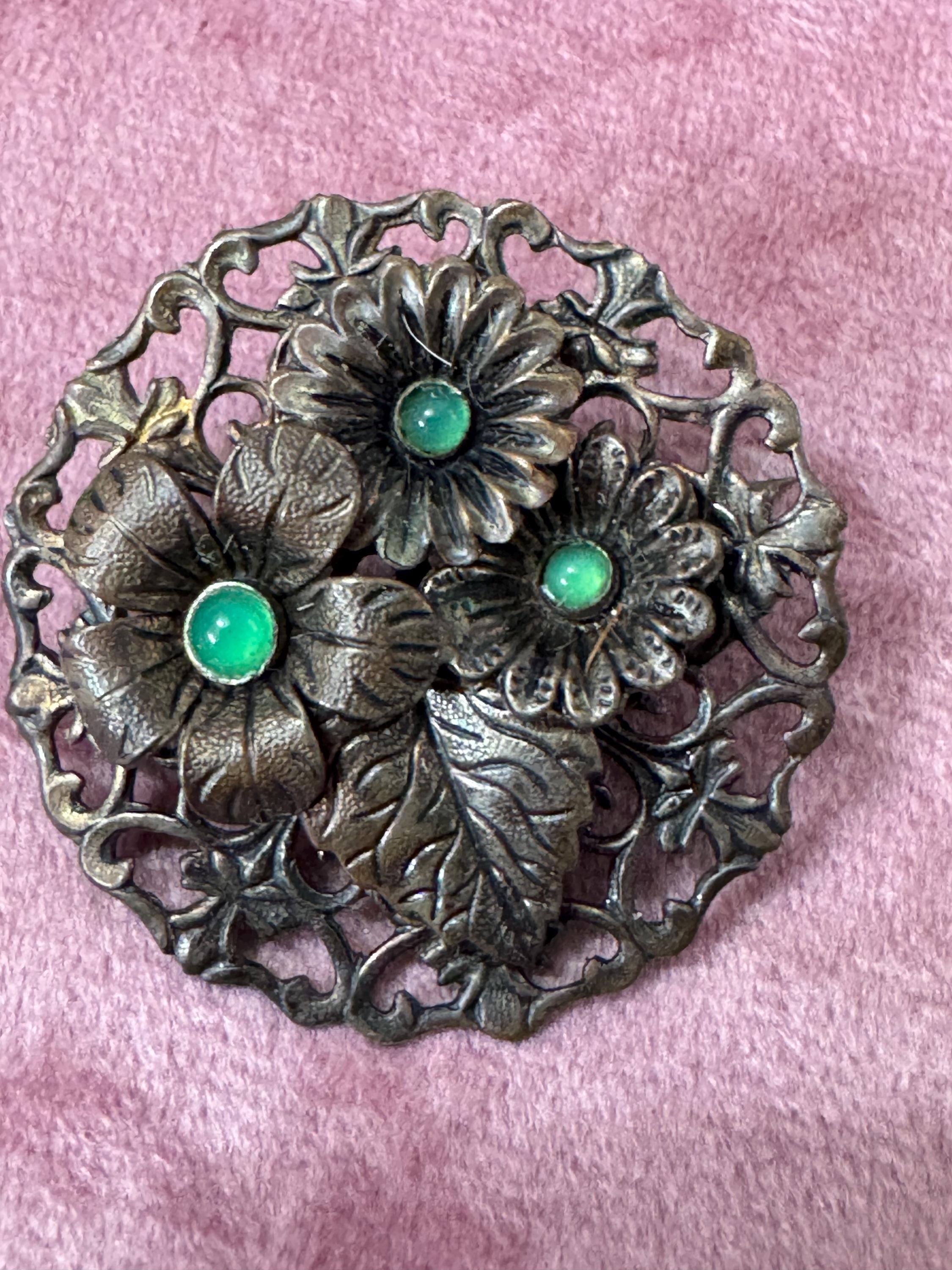 ornate Czech brass filigree emerald green cabochons antique brooch Art Deco