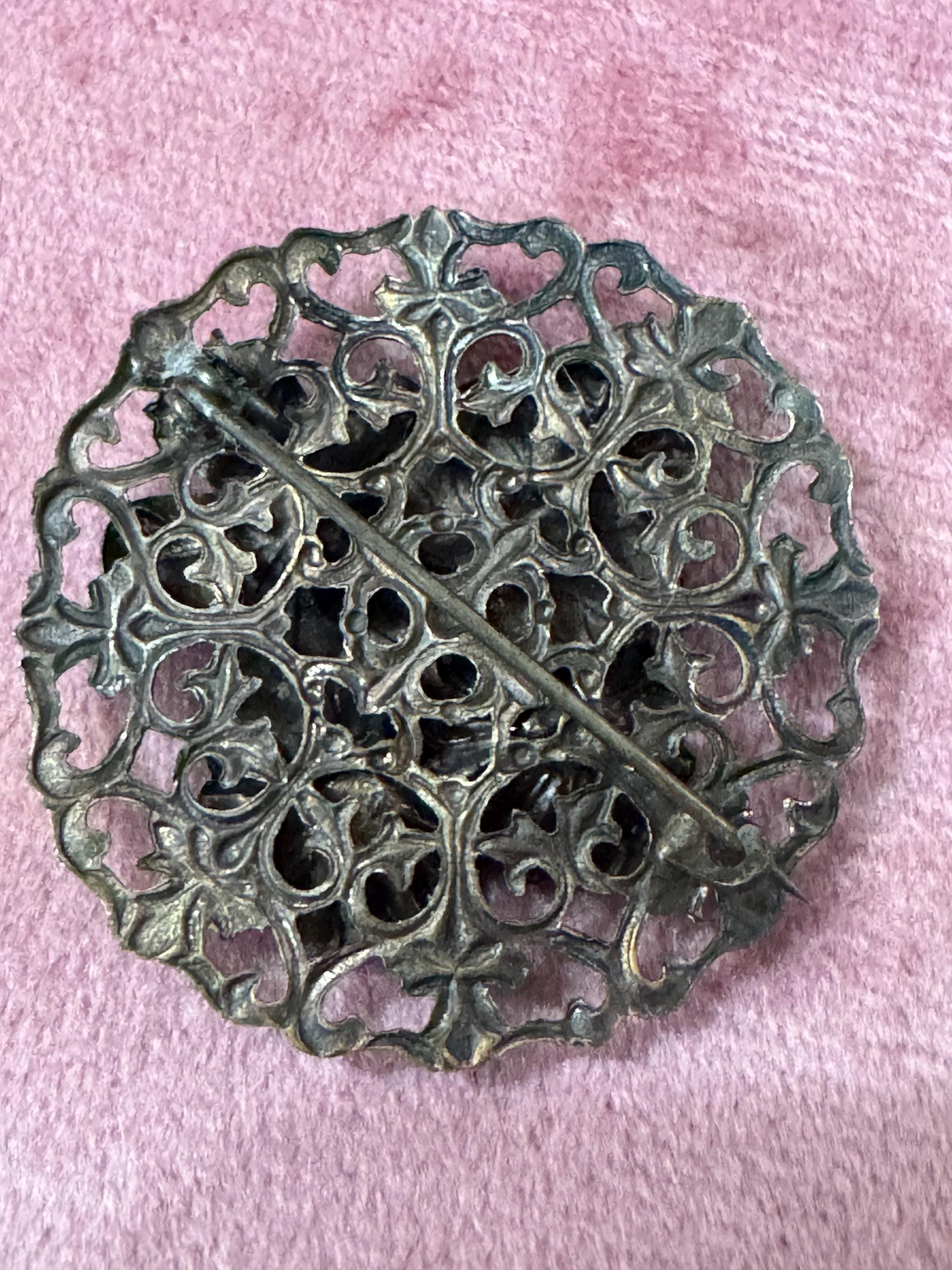 ornate Czech brass filigree emerald green cabochons antique brooch Art Deco