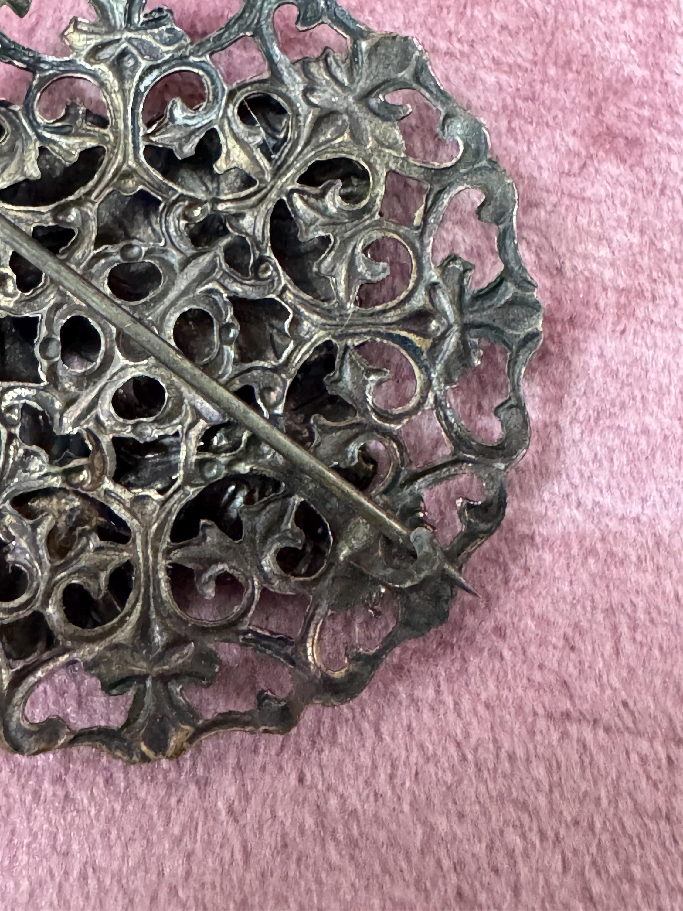 ornate Czech brass filigree emerald green cabochons antique brooch Art Deco