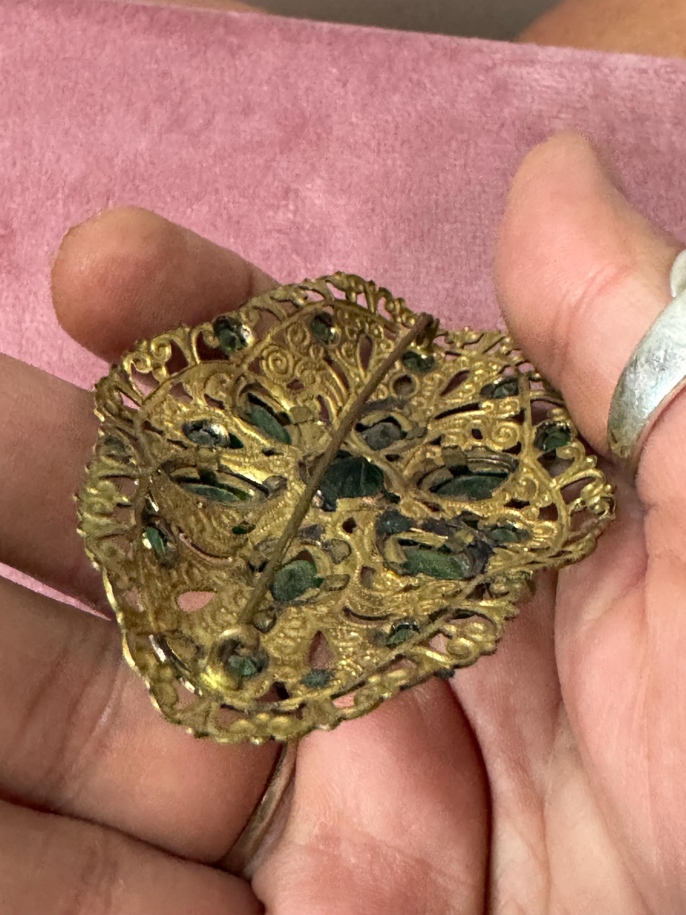 Oversized 8cm Czech brass filigree emerald green rhinestone paste antique brooch Art Deco