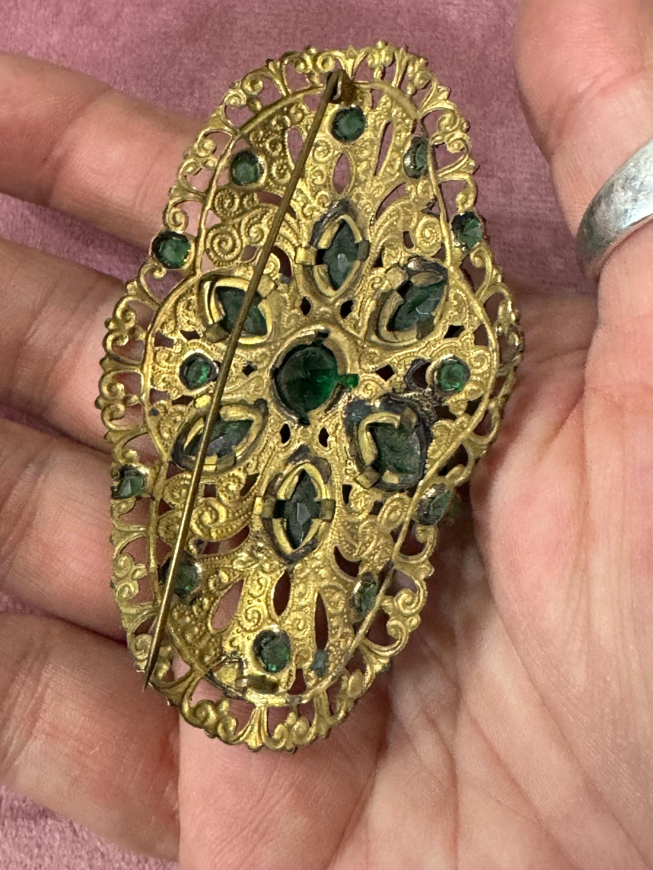Oversized 8cm Czech brass filigree emerald green rhinestone paste antique brooch Art Deco
