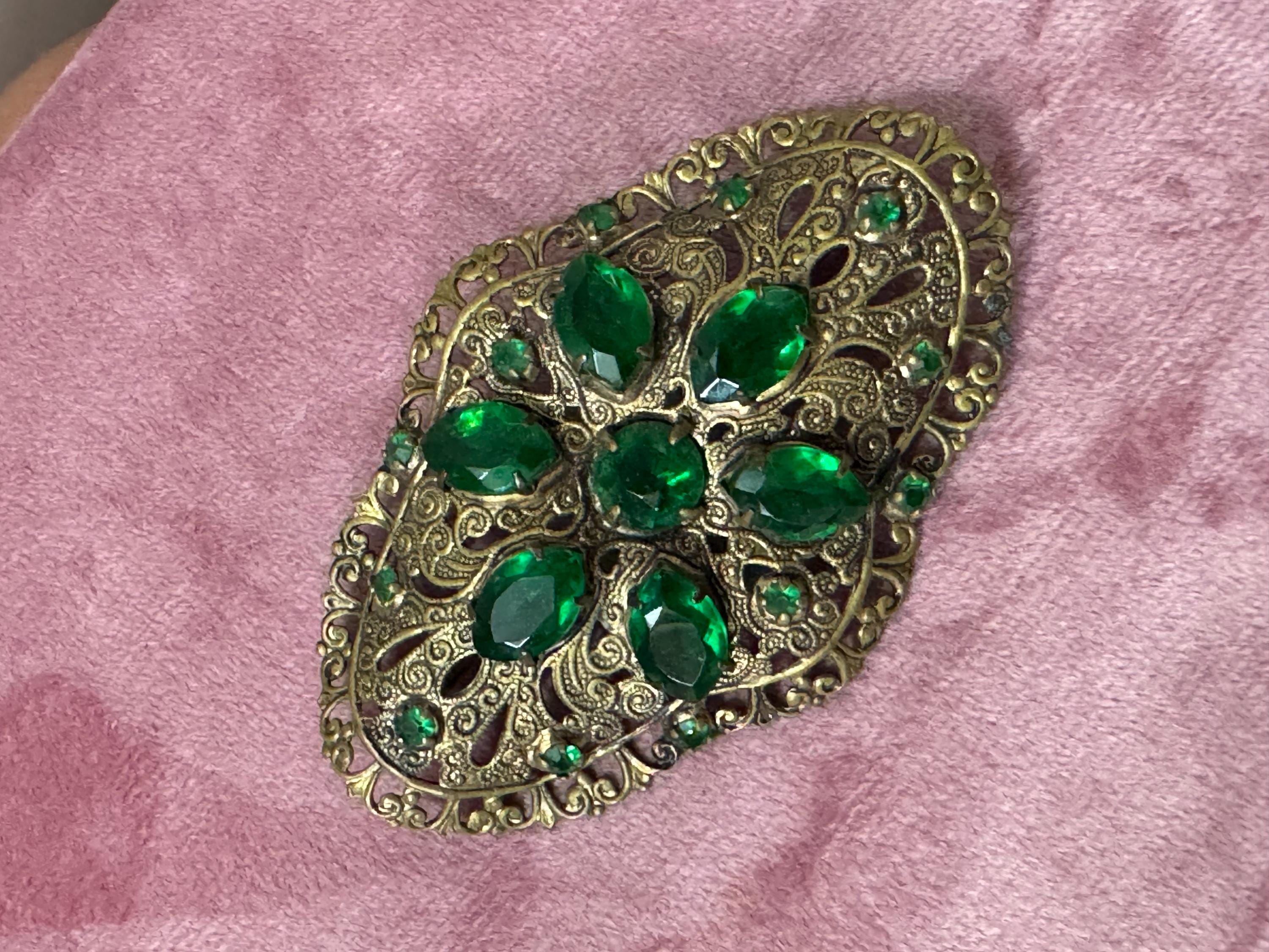 Oversized 8cm Czech brass filigree emerald green rhinestone paste antique brooch Art Deco