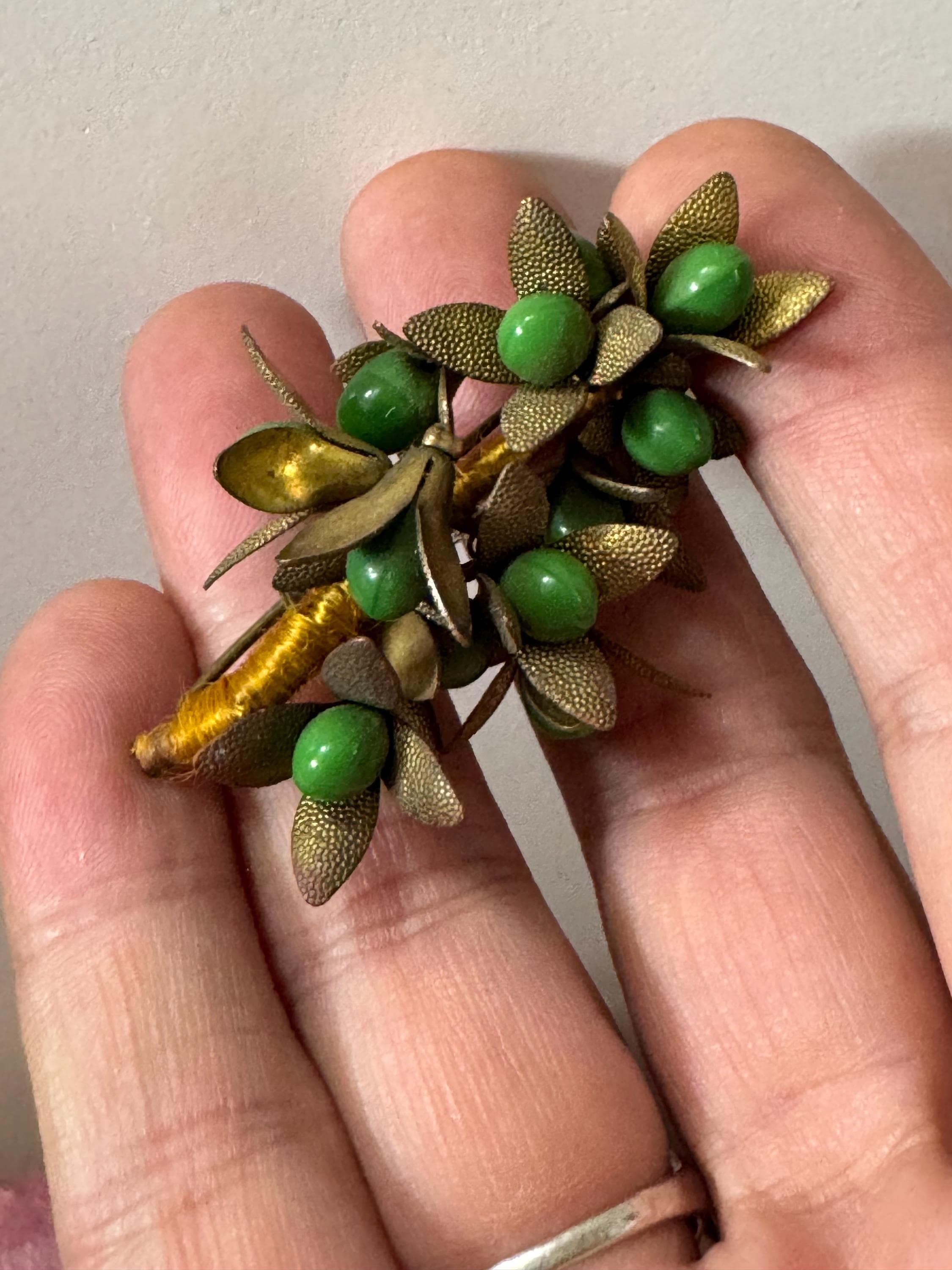 Antique Czech brass filigree bright green cabochons berry brooch Art Deco