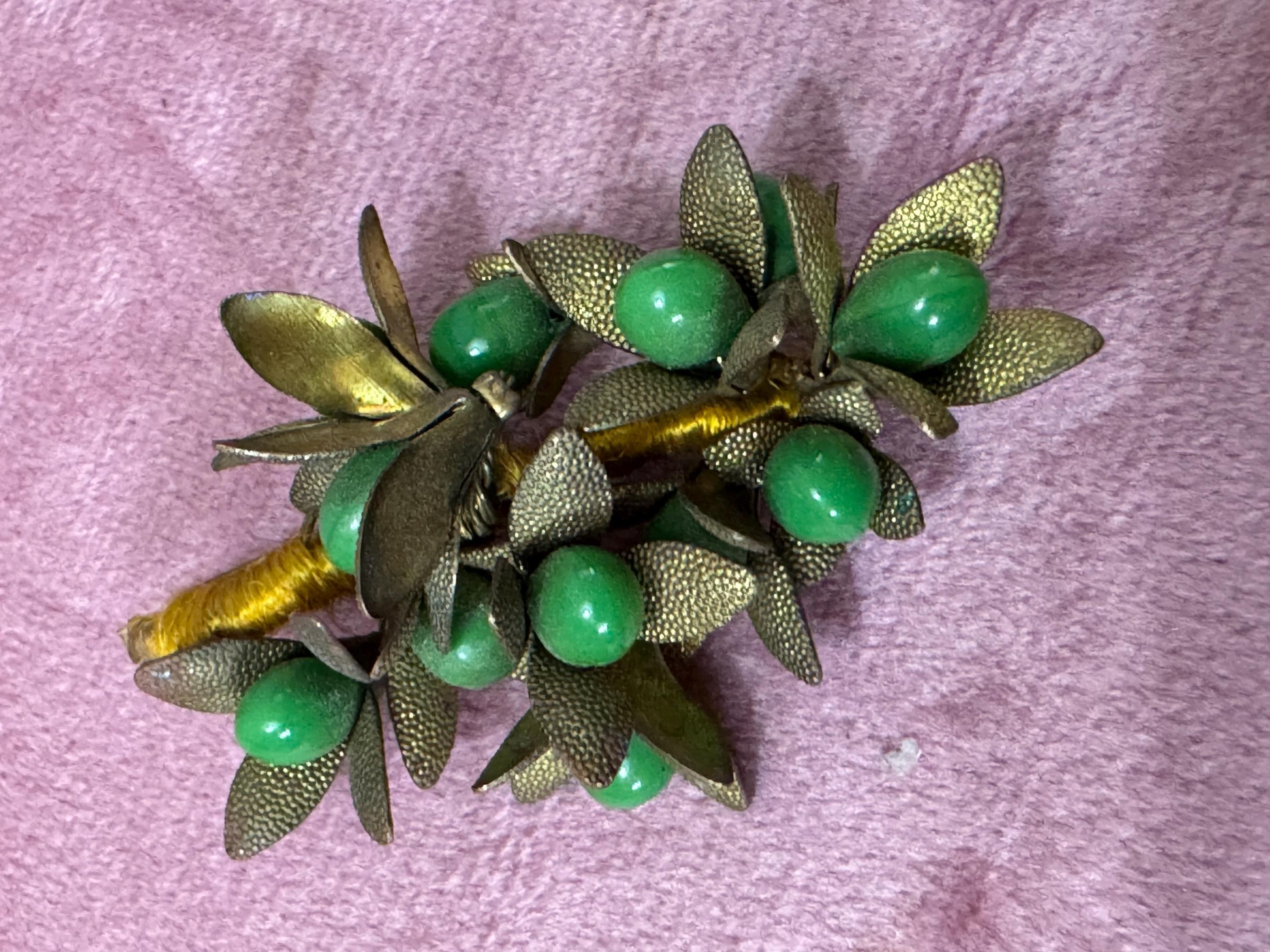 Antique Czech brass filigree bright green cabochons berry brooch Art Deco