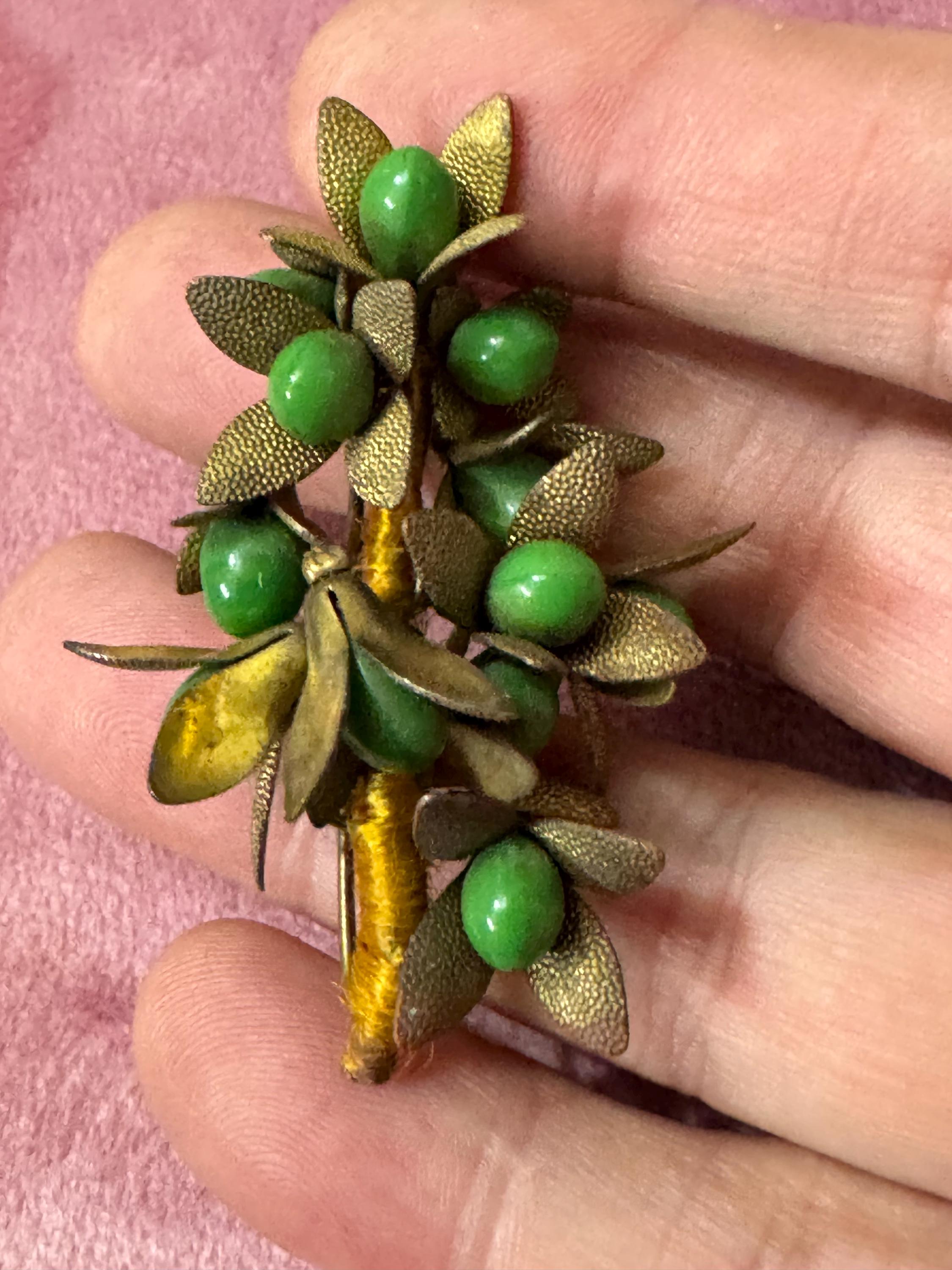Antique Czech brass filigree bright green cabochons berry brooch Art Deco