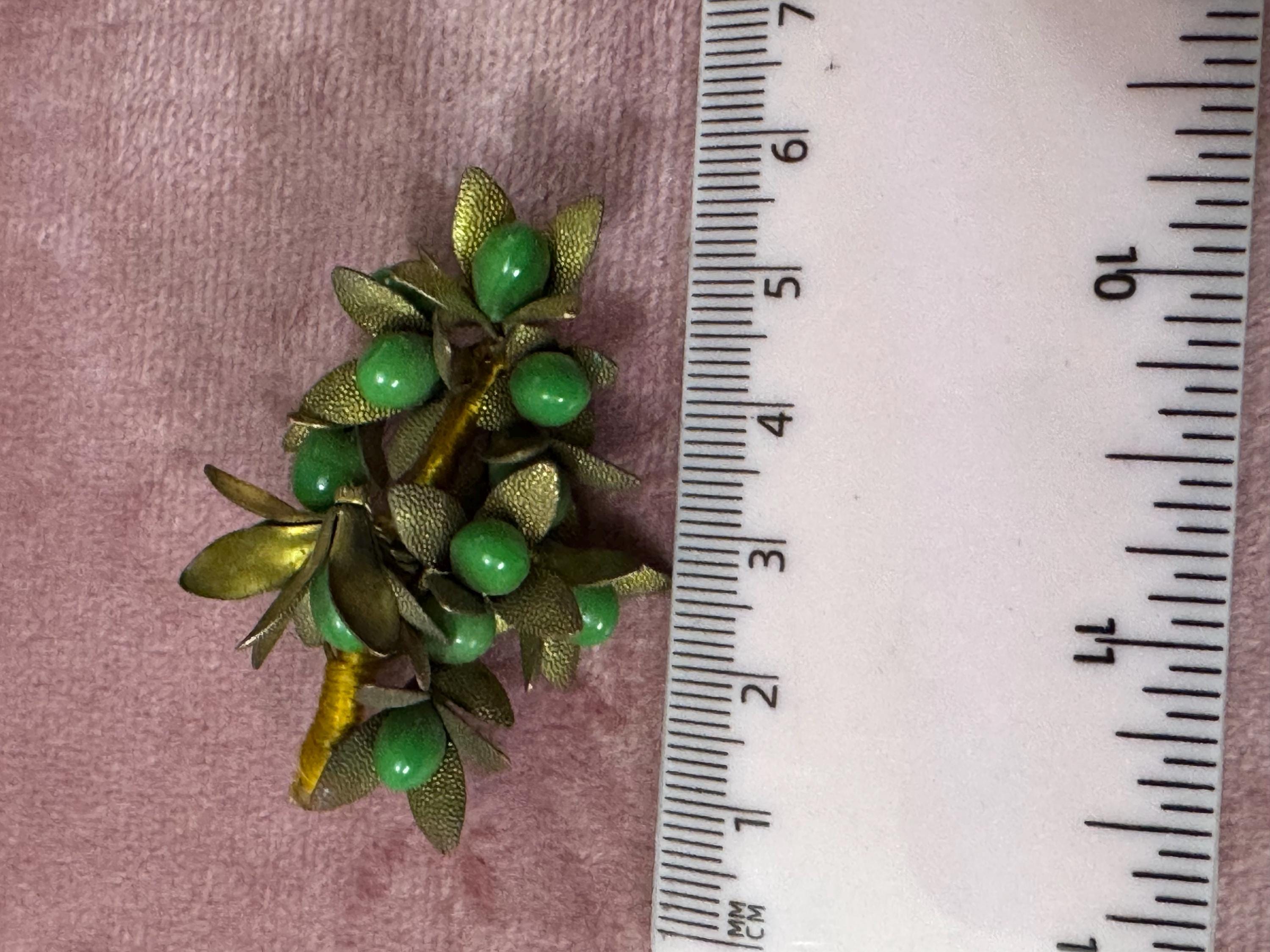 Antique Czech brass filigree bright green cabochons berry brooch Art Deco