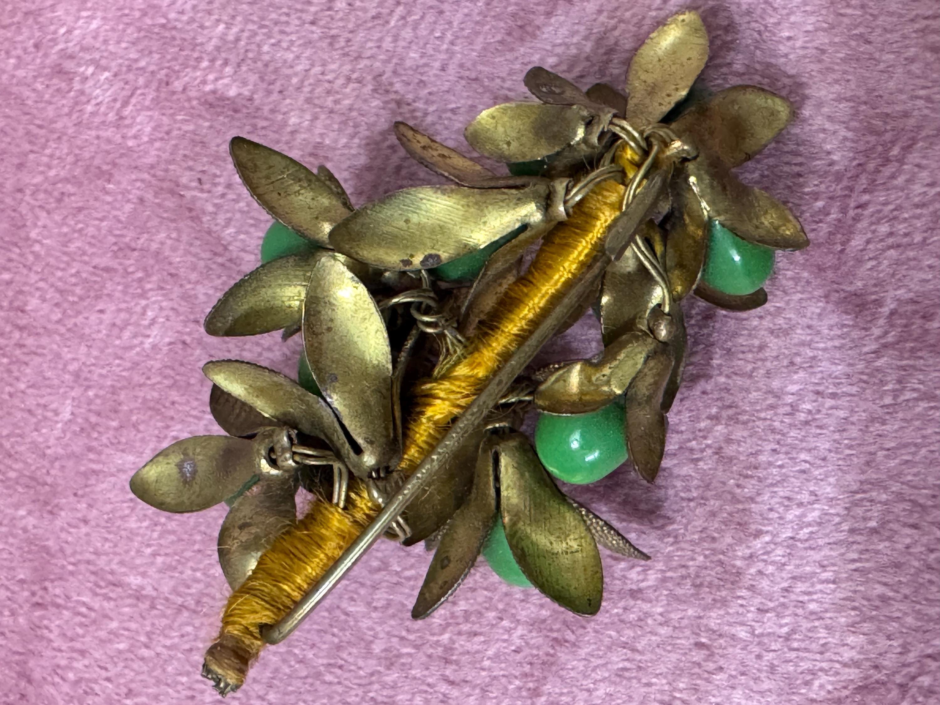 Antique Czech brass filigree bright green cabochons berry brooch Art Deco
