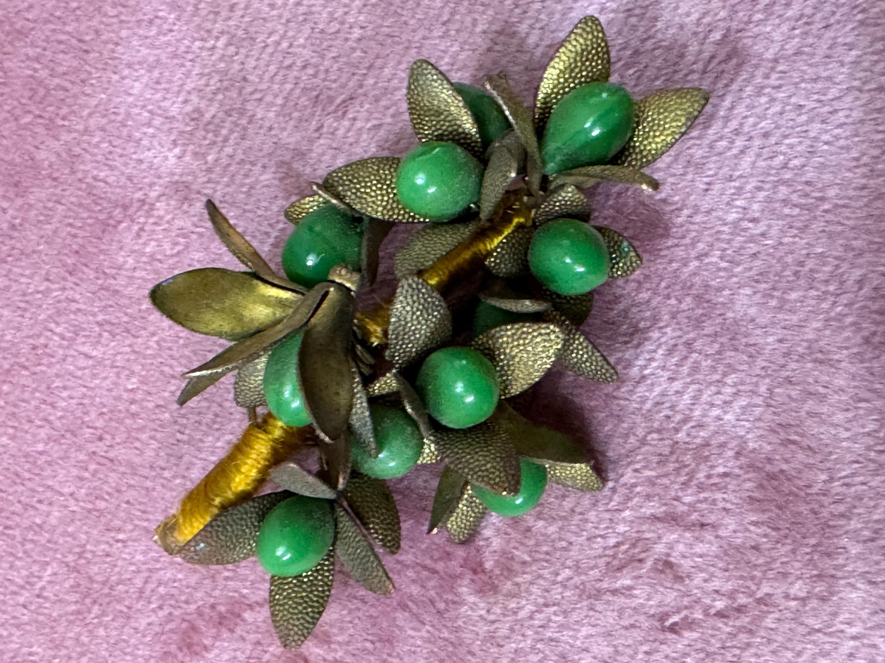 Antique Czech brass filigree bright green cabochons berry brooch Art Deco