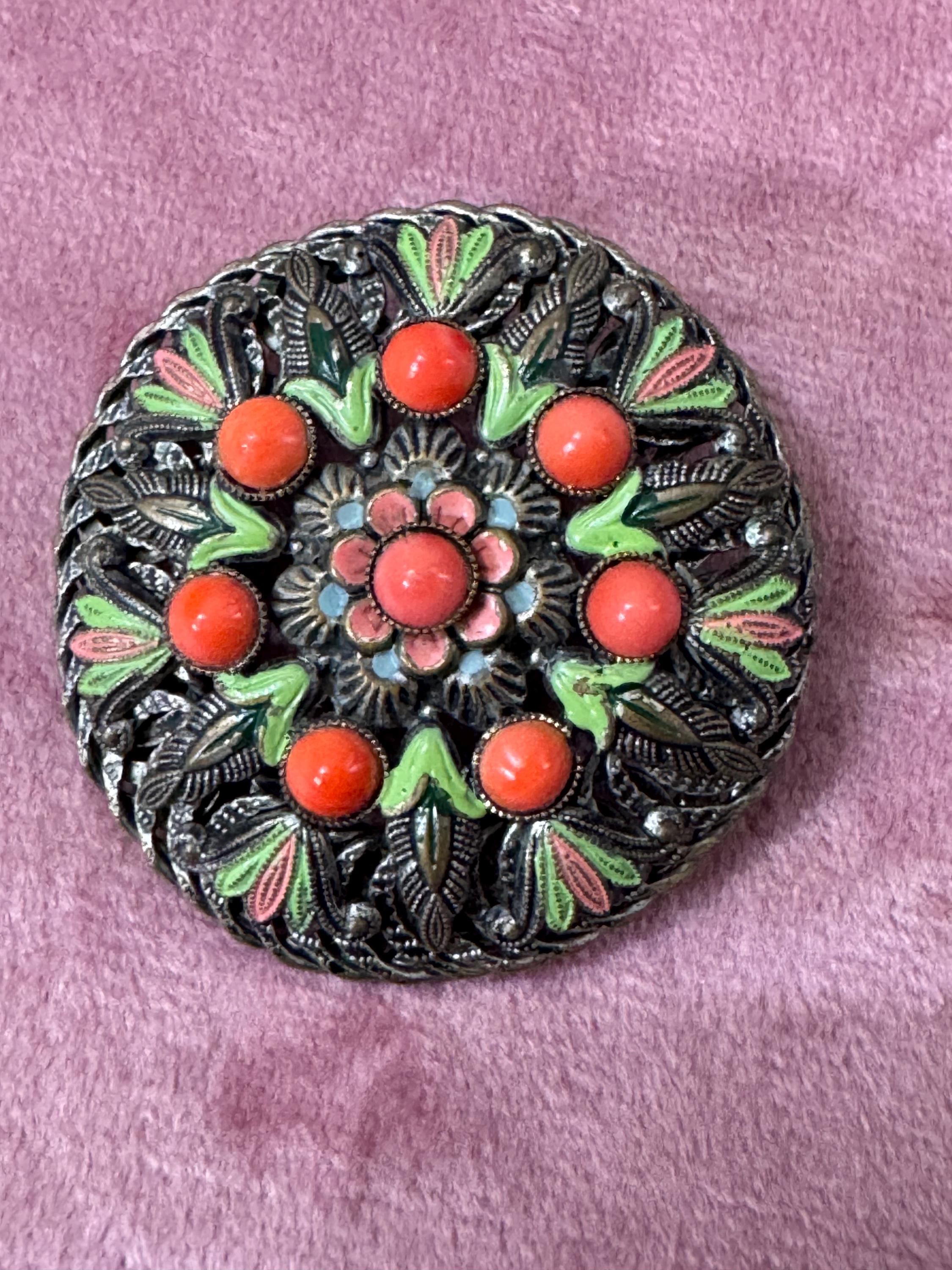 Art Deco Czech Brass Brooch: Enamel Leaf, Faux Coral Cabochons