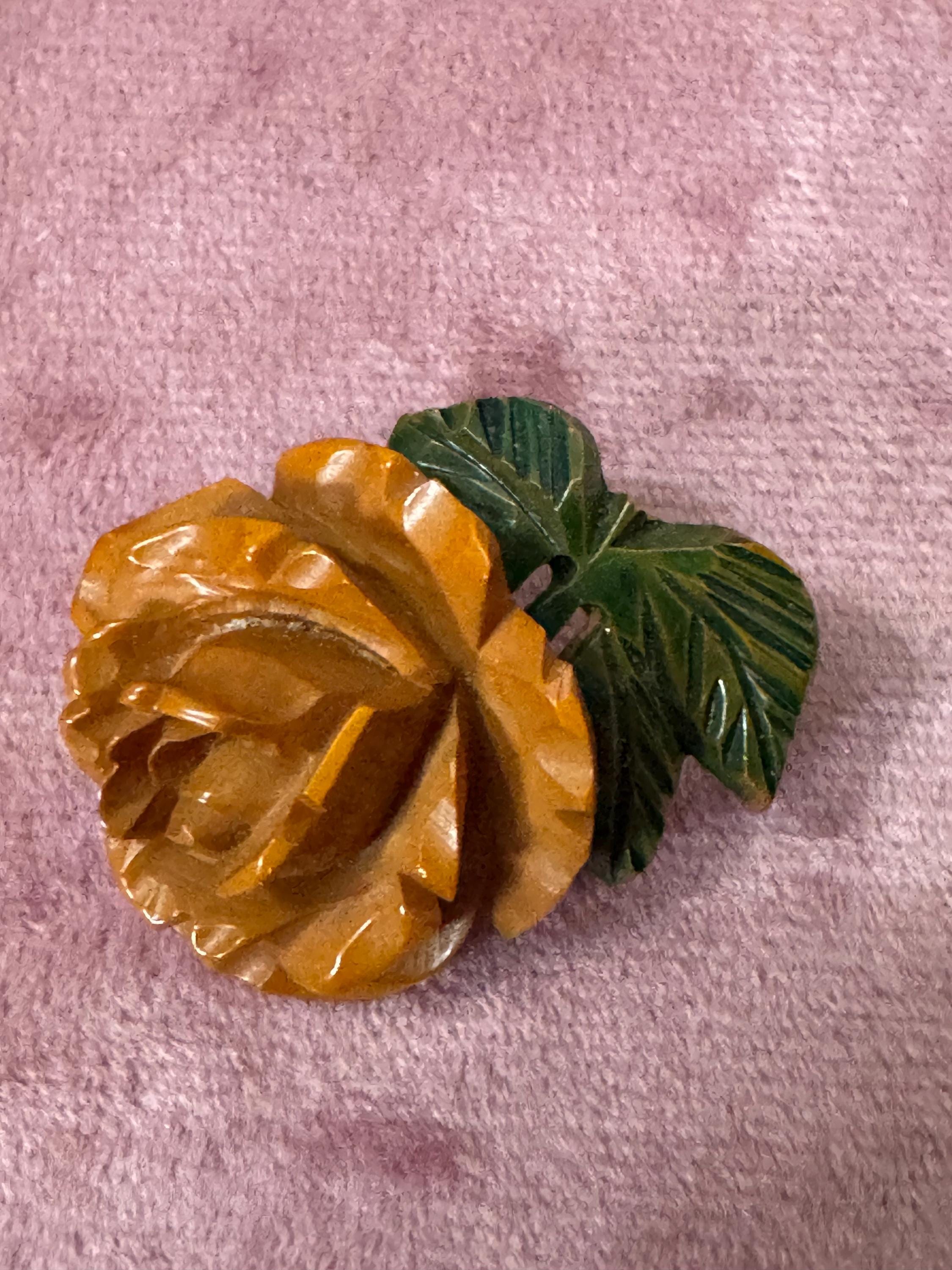 Vintage Bakelite Orange green floral rose brooch early plastic Art Deco