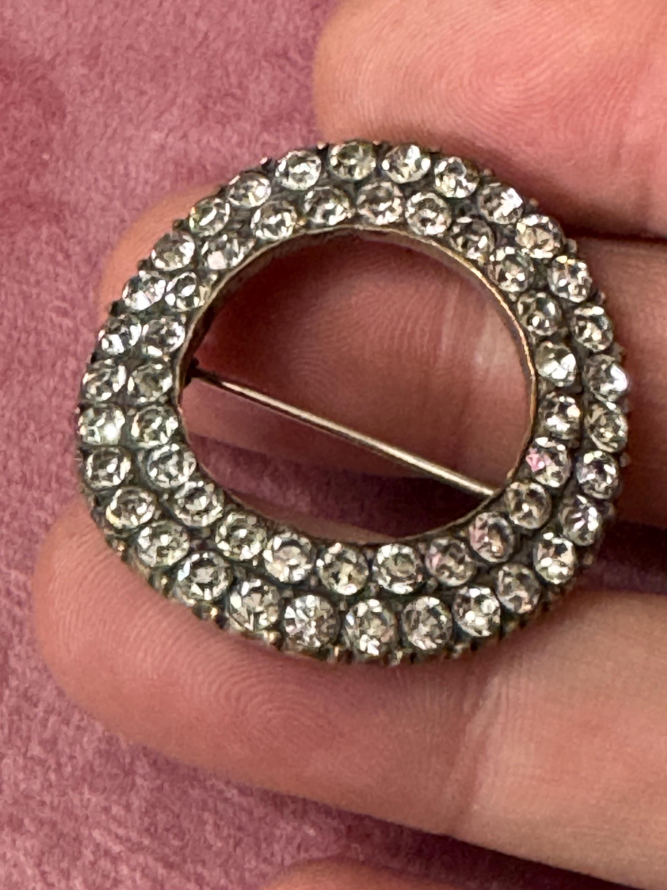 Antique rolled gold Pinchbeck circular domed ring rhinestone brooch edwardian Victorian 1900s 1920s