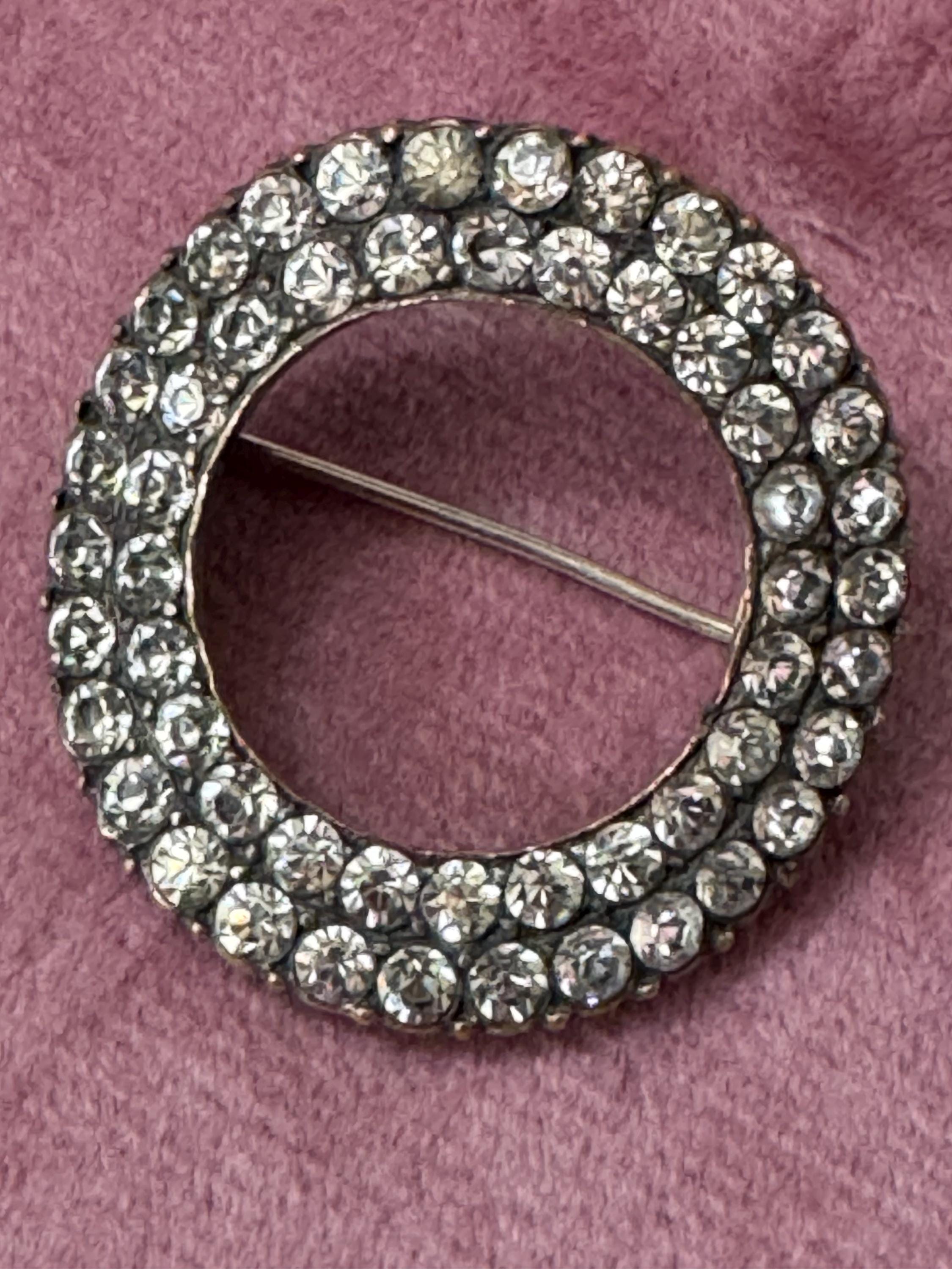 Antique rolled gold Pinchbeck circular domed ring rhinestone brooch edwardian Victorian 1900s 1920s